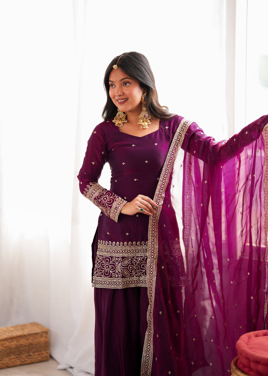 *KB-310 WINE**PRESENTING NEW FENDY SILK FABRIC WITH EMBROIDERY SEQUENCE AND JARI WORK TOP,DUPATTA SET WITH FARSHI SHALWAR READY TO WEAR*