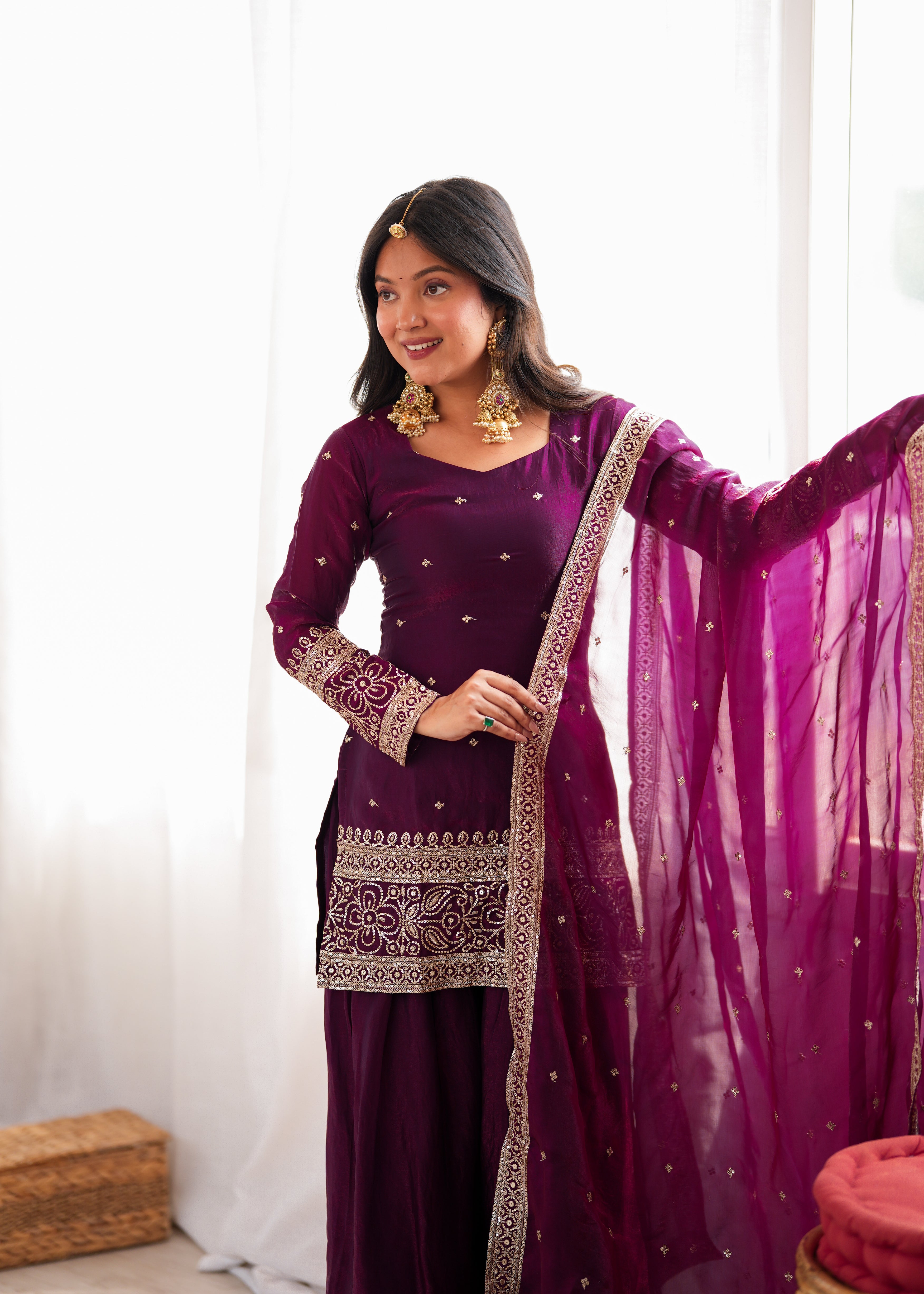 *KB-310 WINE**PRESENTING NEW FENDY SILK FABRIC WITH EMBROIDERY SEQUENCE AND JARI WORK TOP,DUPATTA SET WITH FARSHI SHALWAR READY TO WEAR*