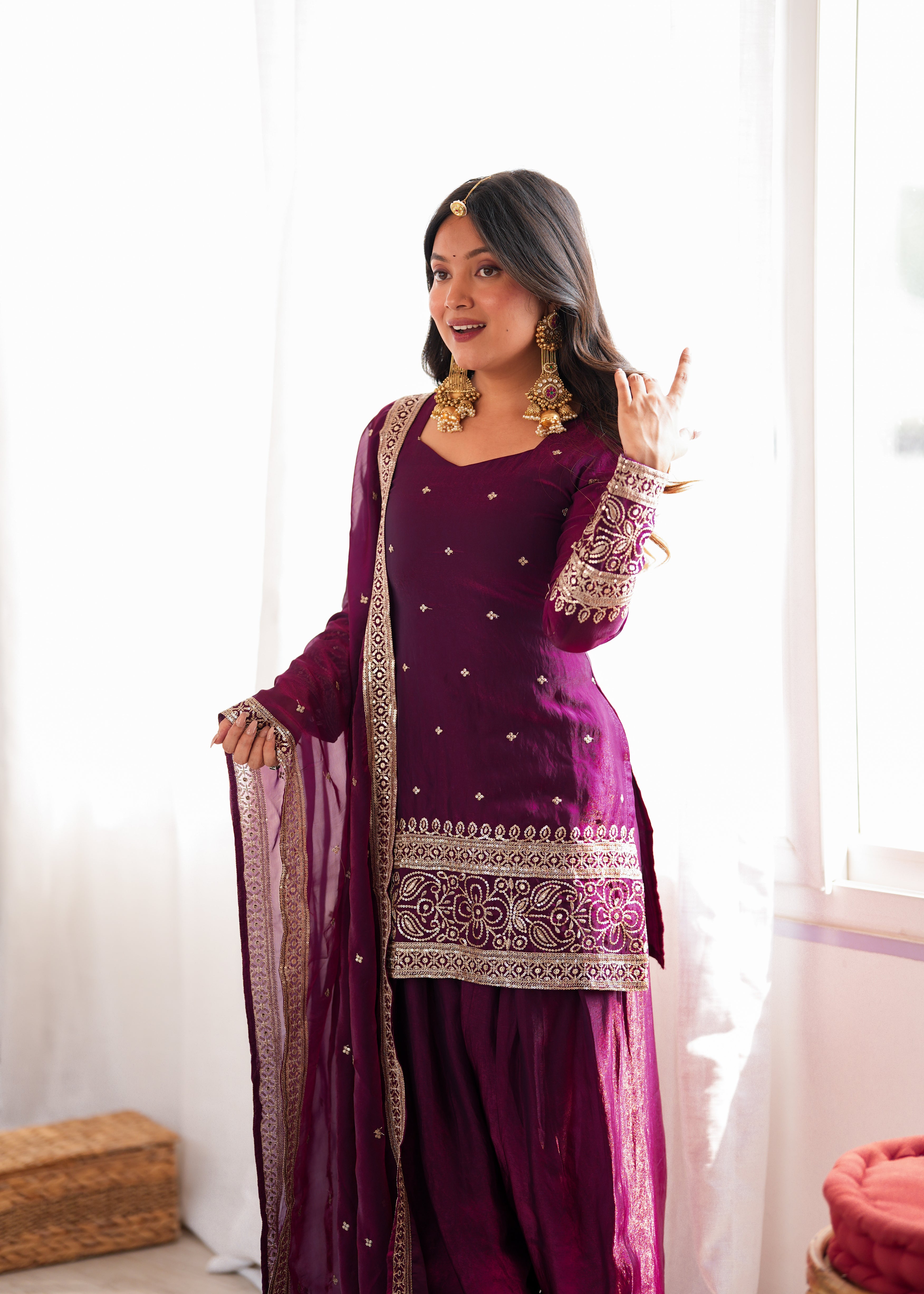 *KB-310 WINE**PRESENTING NEW FENDY SILK FABRIC WITH EMBROIDERY SEQUENCE AND JARI WORK TOP,DUPATTA SET WITH FARSHI SHALWAR READY TO WEAR*
