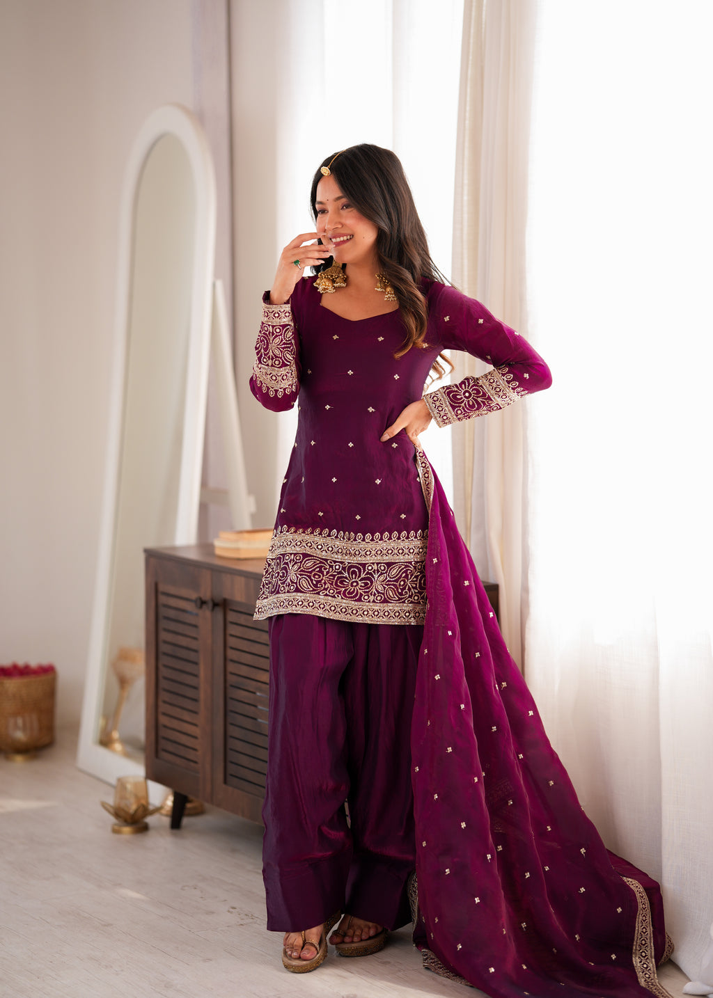 *KB-310 WINE**PRESENTING NEW FENDY SILK FABRIC WITH EMBROIDERY SEQUENCE AND JARI WORK TOP,DUPATTA SET WITH FARSHI SHALWAR READY TO WEAR*