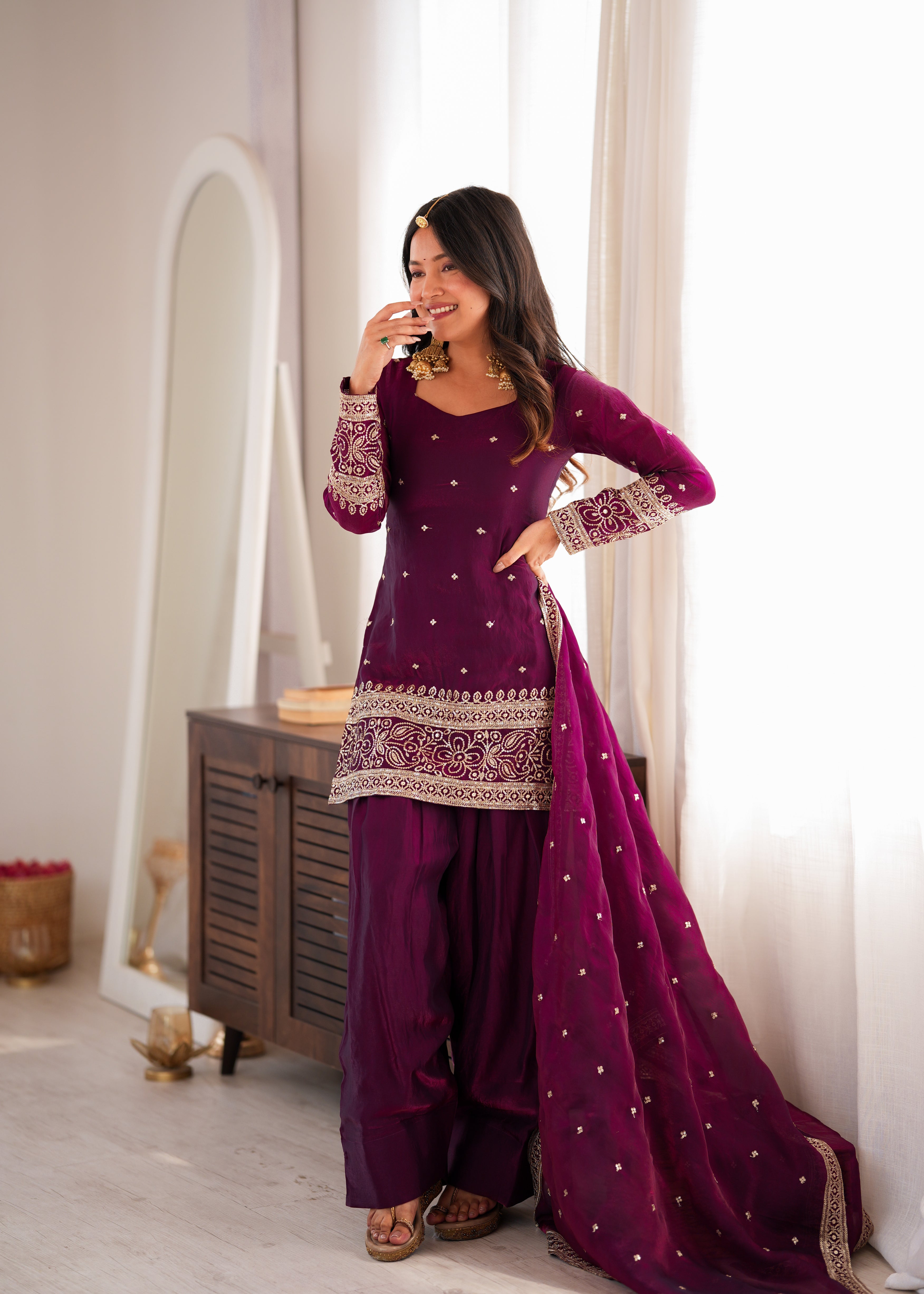 *KB-310 WINE**PRESENTING NEW FENDY SILK FABRIC WITH EMBROIDERY SEQUENCE AND JARI WORK TOP,DUPATTA SET WITH FARSHI SHALWAR READY TO WEAR*