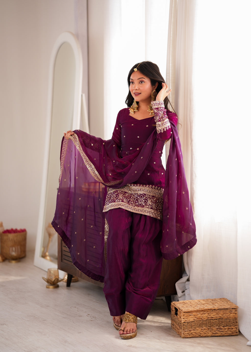 *KB-310 WINE**PRESENTING NEW FENDY SILK FABRIC WITH EMBROIDERY SEQUENCE AND JARI WORK TOP,DUPATTA SET WITH FARSHI SHALWAR READY TO WEAR*