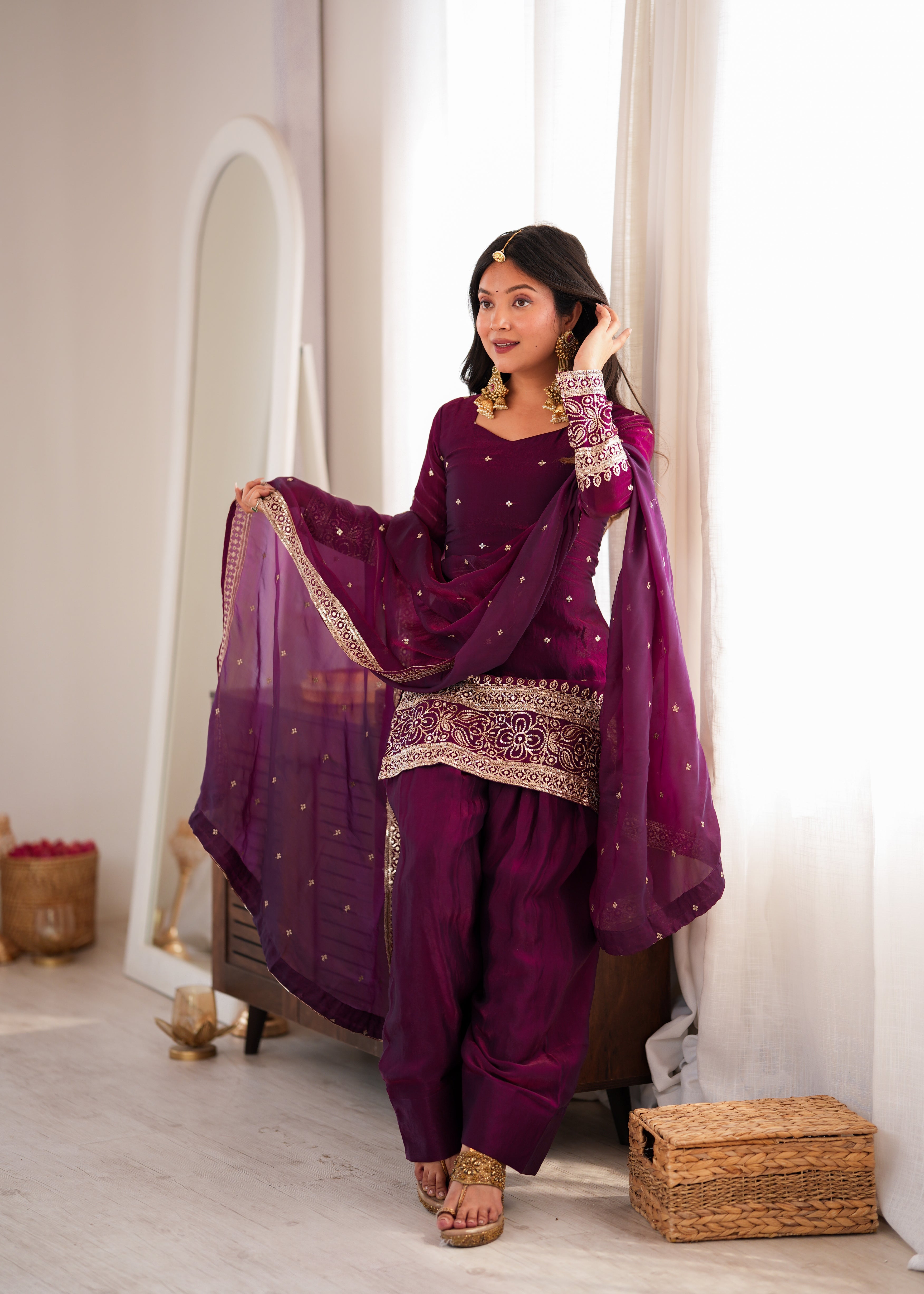 *KB-310 WINE**PRESENTING NEW FENDY SILK FABRIC WITH EMBROIDERY SEQUENCE AND JARI WORK TOP,DUPATTA SET WITH FARSHI SHALWAR READY TO WEAR*
