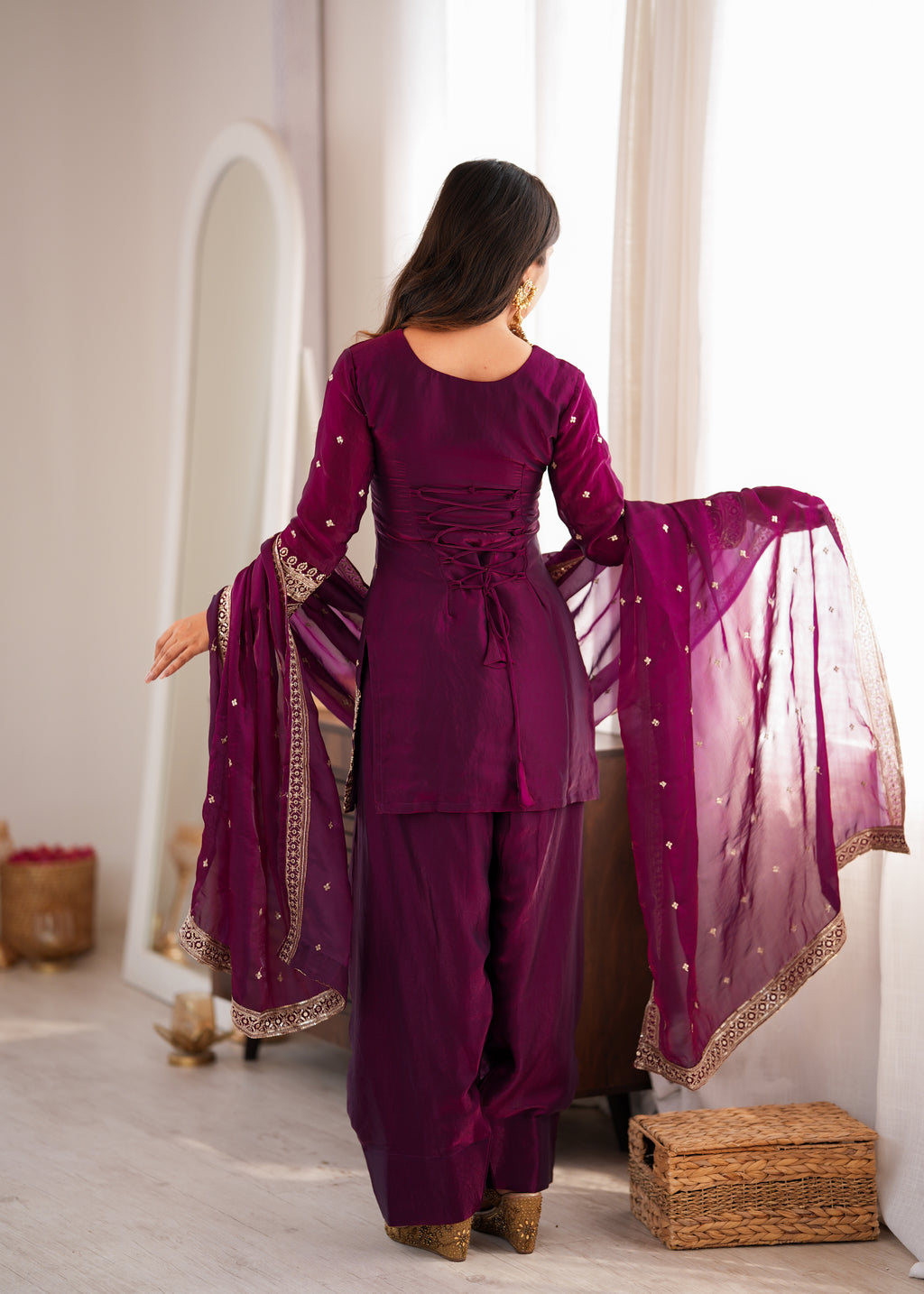 *KB-310 WINE**PRESENTING NEW FENDY SILK FABRIC WITH EMBROIDERY SEQUENCE AND JARI WORK TOP,DUPATTA SET WITH FARSHI SHALWAR READY TO WEAR*