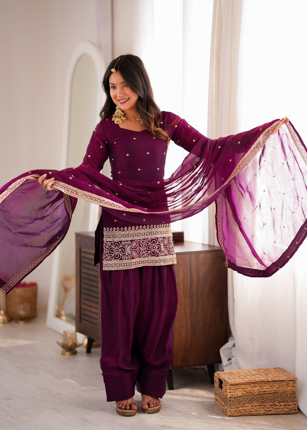*KB-310 WINE**PRESENTING NEW FENDY SILK FABRIC WITH EMBROIDERY SEQUENCE AND JARI WORK TOP,DUPATTA SET WITH FARSHI SHALWAR READY TO WEAR*