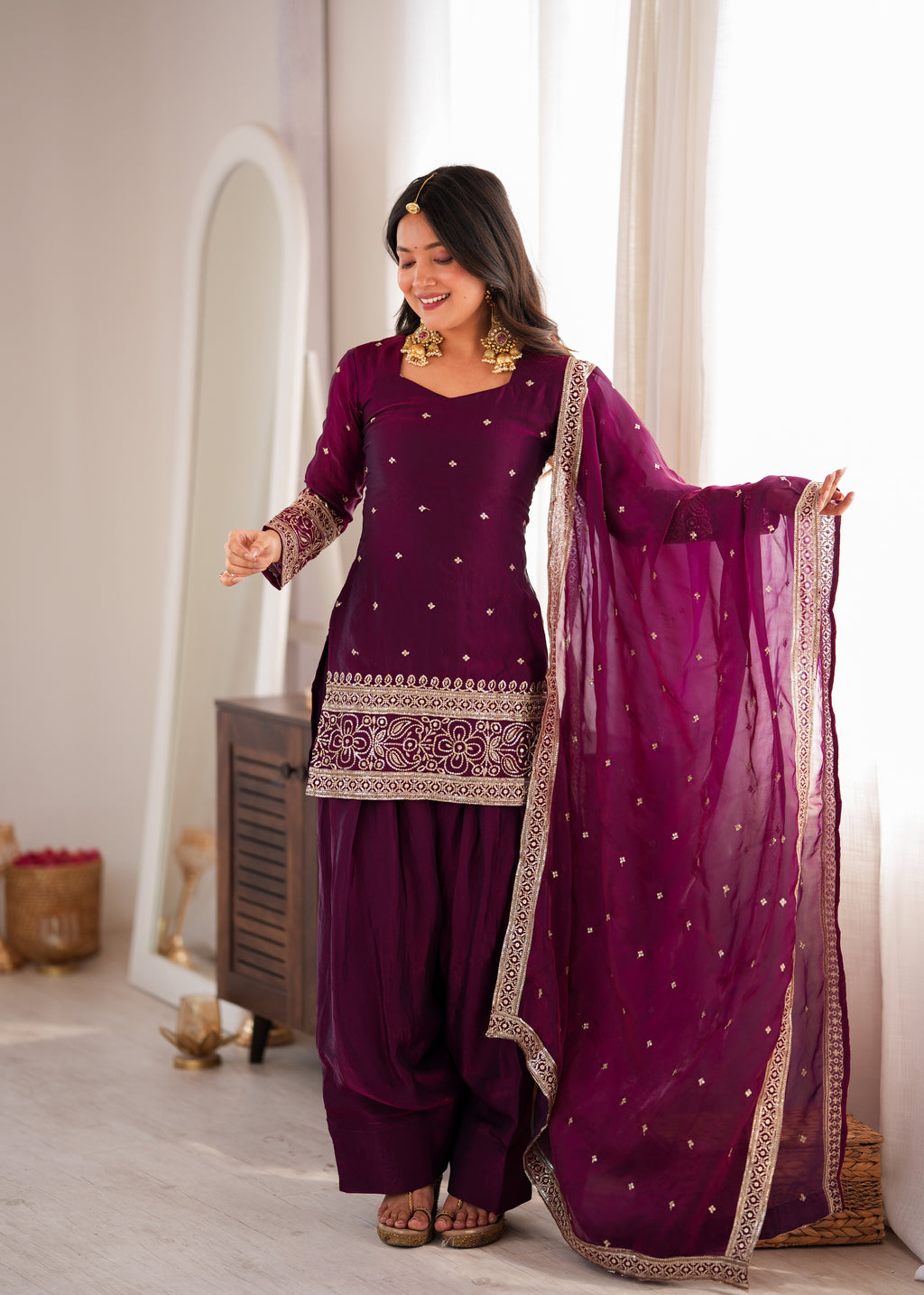 *KB-310 WINE**PRESENTING NEW FENDY SILK FABRIC WITH EMBROIDERY SEQUENCE AND JARI WORK TOP,DUPATTA SET WITH FARSHI SHALWAR READY TO WEAR*