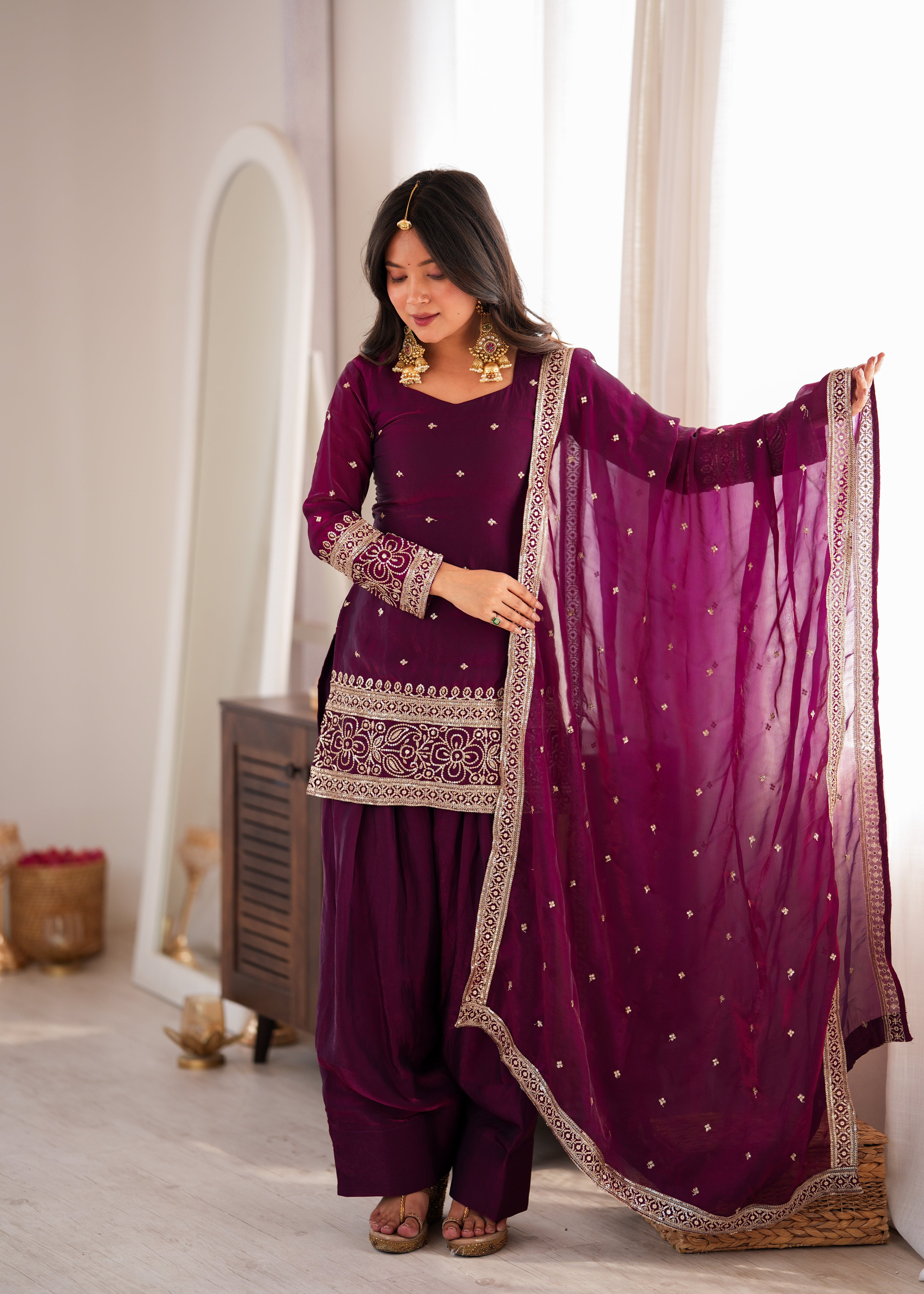 *KB-310 WINE**PRESENTING NEW FENDY SILK FABRIC WITH EMBROIDERY SEQUENCE AND JARI WORK TOP,DUPATTA SET WITH FARSHI SHALWAR READY TO WEAR*