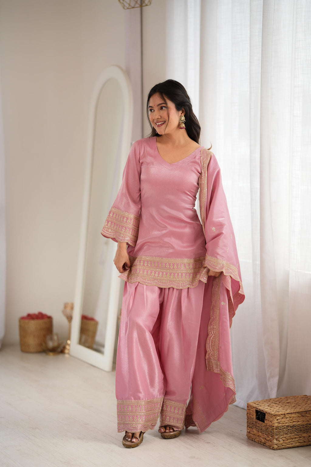 *KB-304 DUSTYPINK,PISTA**PRESENTING NEW GLASS ROMAN SILK FABRIC WITH EMBROIDERY SEQUENCE DORI AND JARI WORK TOP,DUPPTA SET WITH FARSHI SHALWAR READY TO WEAR*