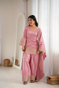 *KB-304 DUSTYPINK,PISTA**PRESENTING NEW GLASS ROMAN SILK FABRIC WITH EMBROIDERY SEQUENCE DORI AND JARI WORK TOP,DUPPTA SET WITH FARSHI SHALWAR READY TO WEAR*