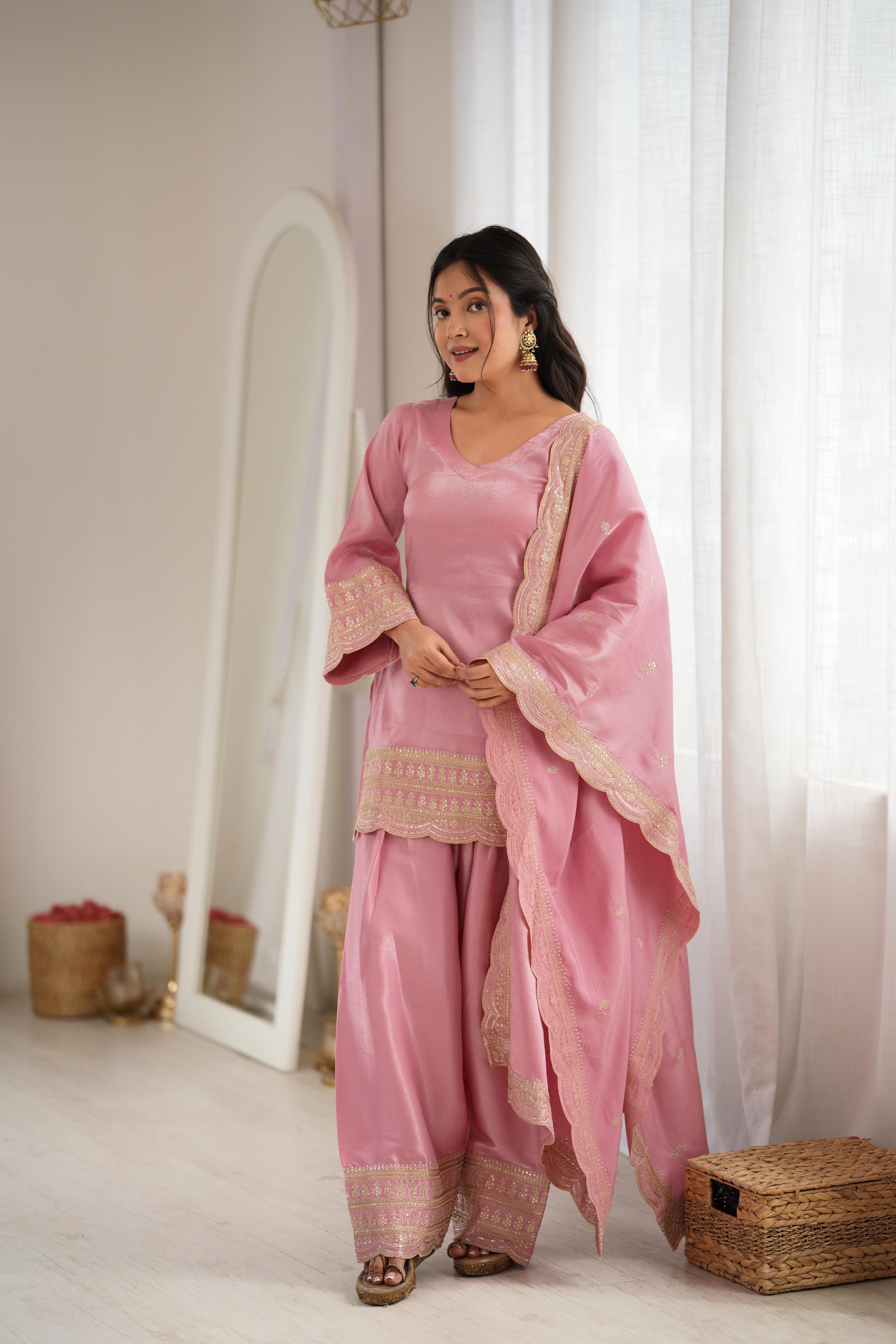 *KB-304 DUSTYPINK,PISTA**PRESENTING NEW GLASS ROMAN SILK FABRIC WITH EMBROIDERY SEQUENCE DORI AND JARI WORK TOP,DUPPTA SET WITH FARSHI SHALWAR READY TO WEAR*