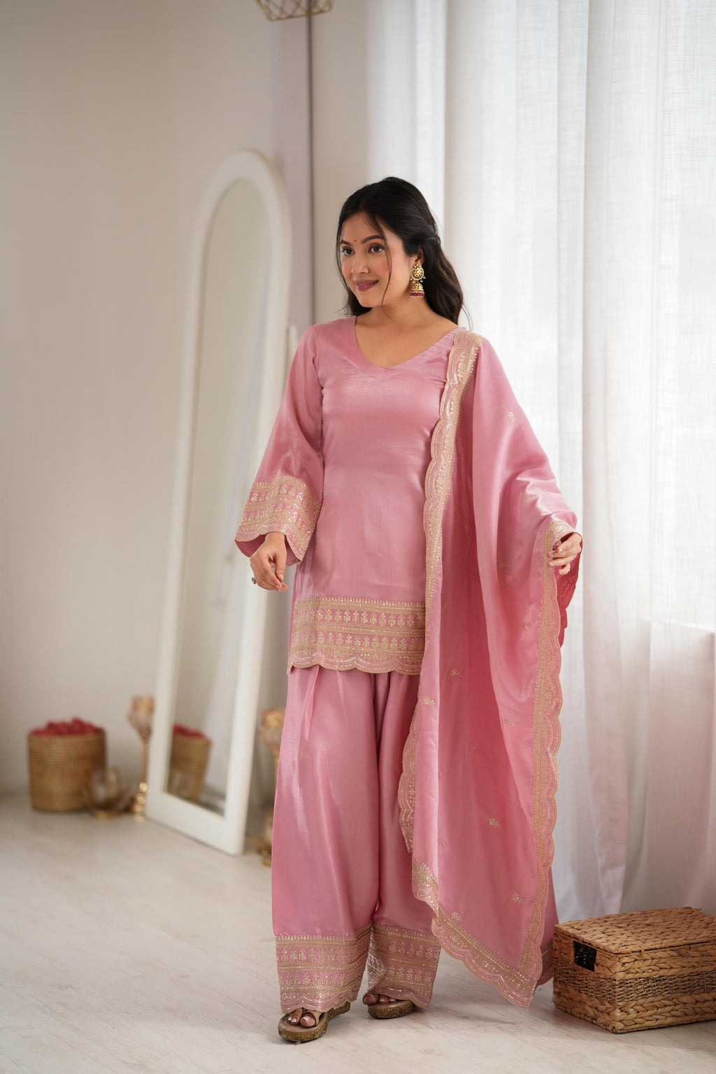 *KB-304 DUSTYPINK,PISTA**PRESENTING NEW GLASS ROMAN SILK FABRIC WITH EMBROIDERY SEQUENCE DORI AND JARI WORK TOP,DUPPTA SET WITH FARSHI SHALWAR READY TO WEAR*