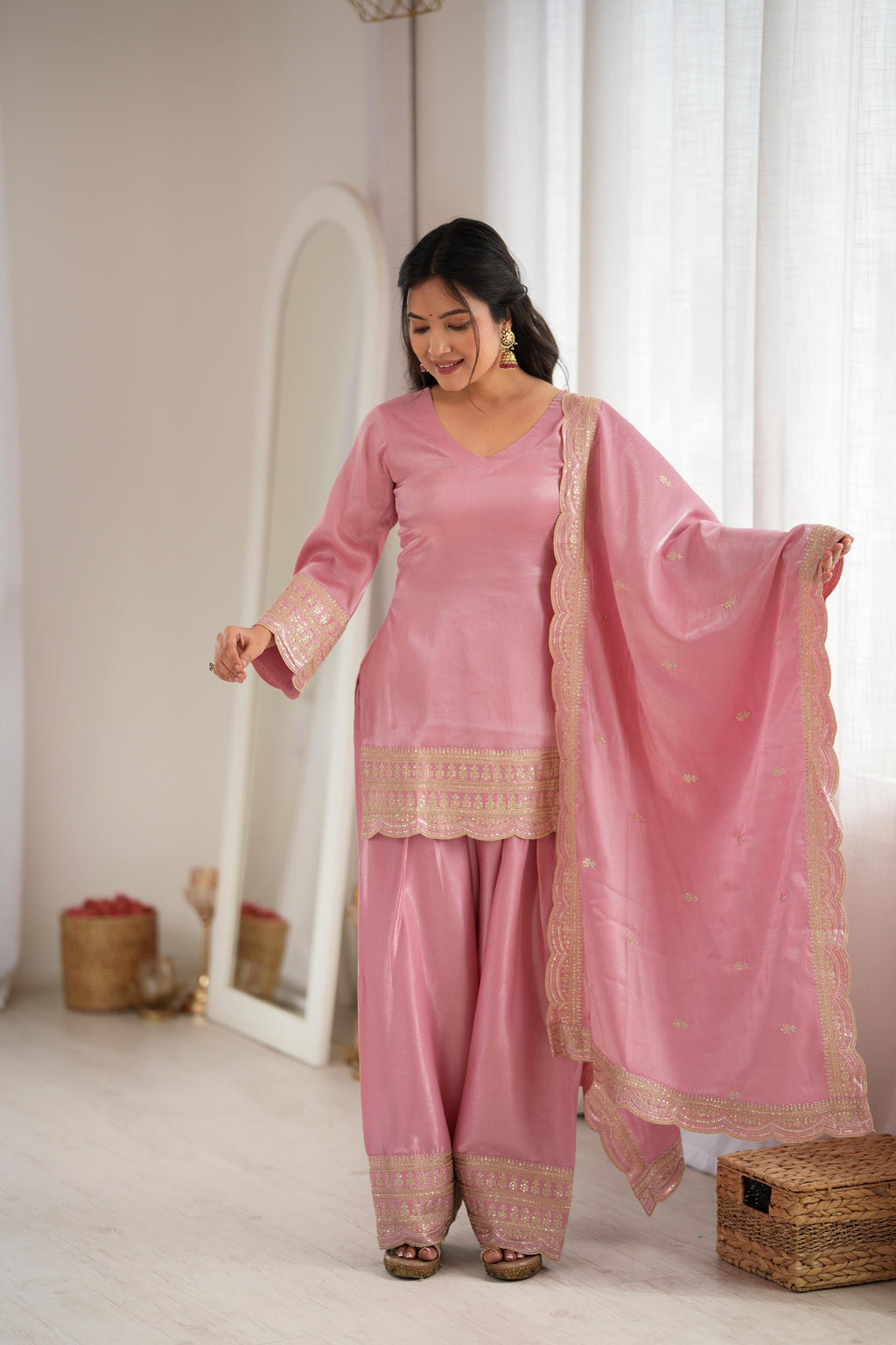 *KB-304 DUSTYPINK,PISTA**PRESENTING NEW GLASS ROMAN SILK FABRIC WITH EMBROIDERY SEQUENCE DORI AND JARI WORK TOP,DUPPTA SET WITH FARSHI SHALWAR READY TO WEAR*