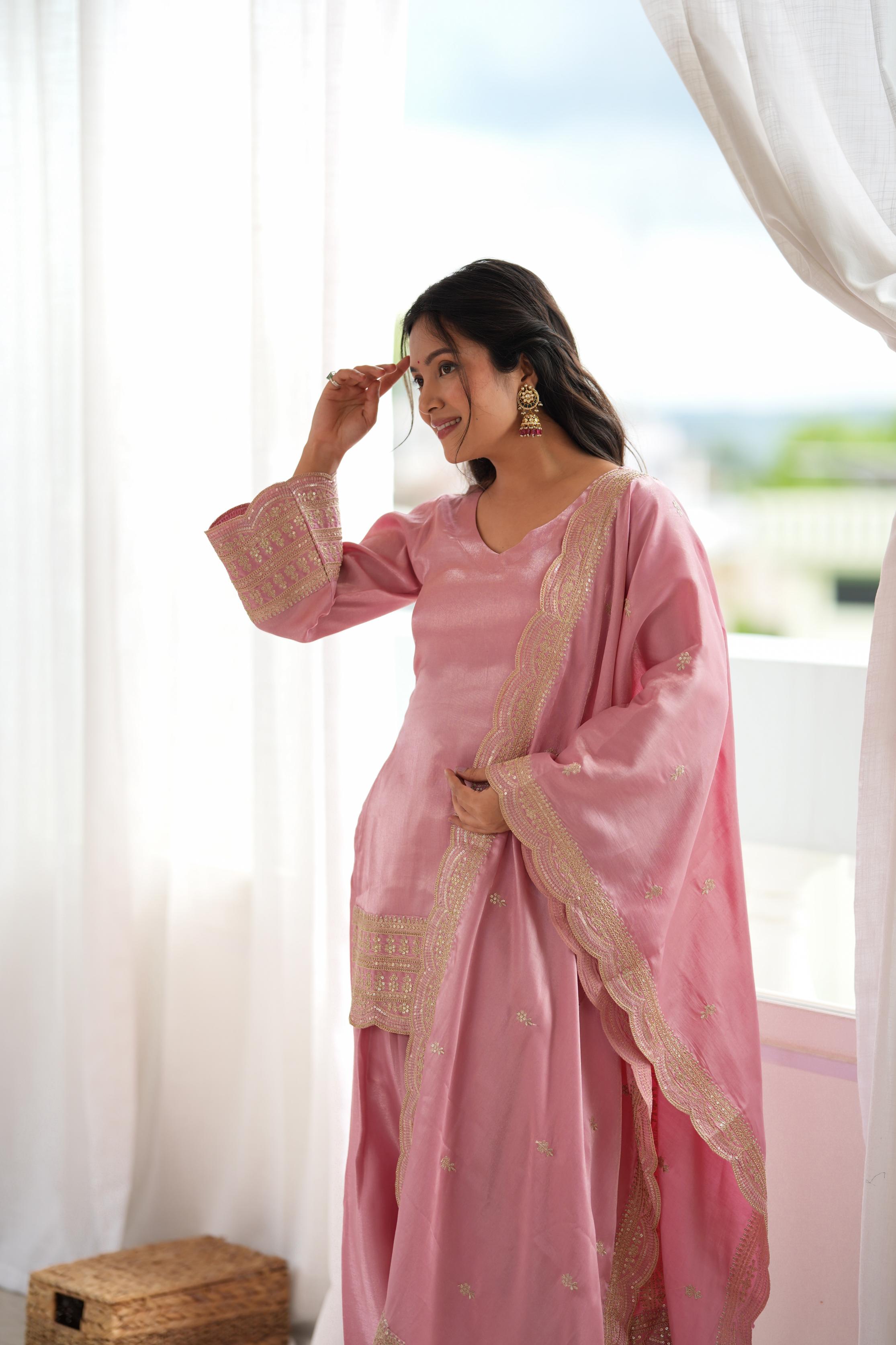 *KB-304 DUSTYPINK,PISTA**PRESENTING NEW GLASS ROMAN SILK FABRIC WITH EMBROIDERY SEQUENCE DORI AND JARI WORK TOP,DUPPTA SET WITH FARSHI SHALWAR READY TO WEAR*