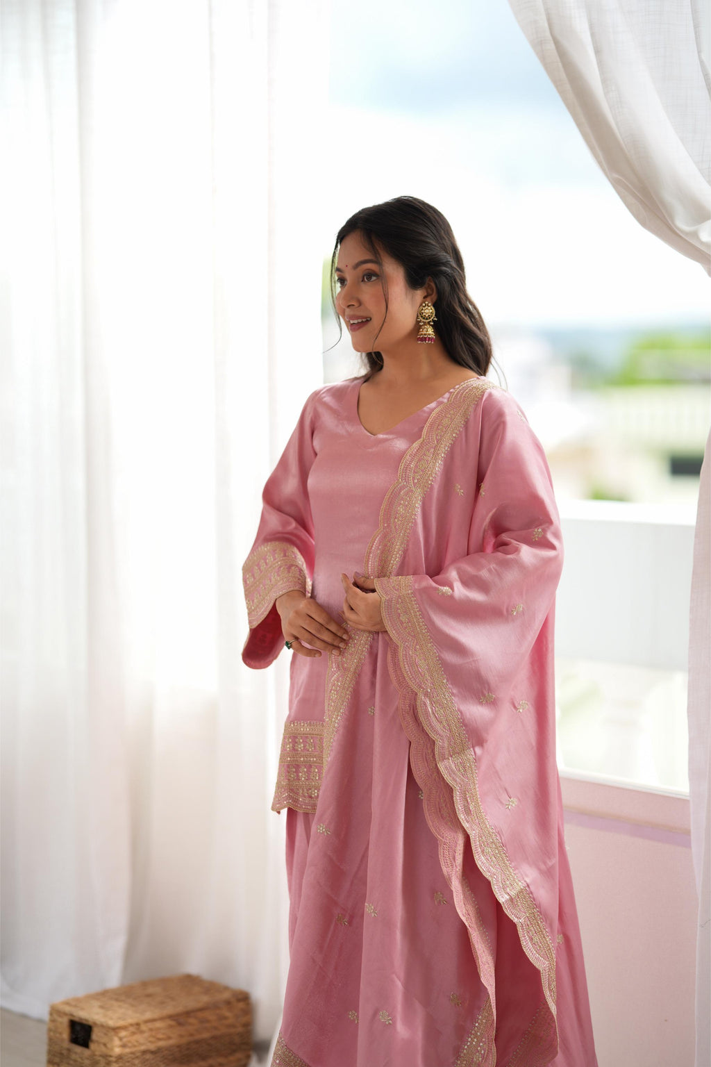 *KB-304 DUSTYPINK,PISTA**PRESENTING NEW GLASS ROMAN SILK FABRIC WITH EMBROIDERY SEQUENCE DORI AND JARI WORK TOP,DUPPTA SET WITH FARSHI SHALWAR READY TO WEAR*