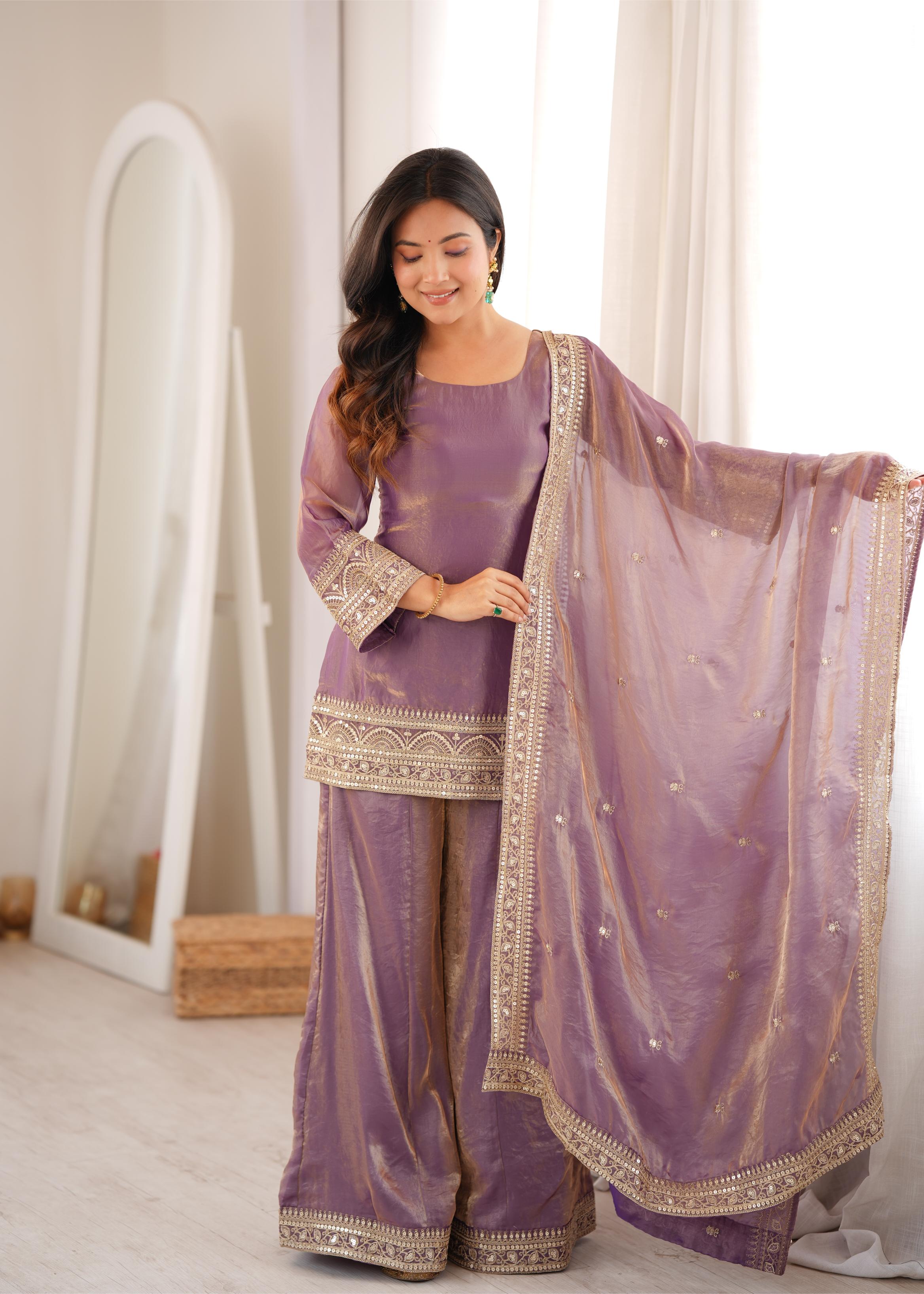 *NKB-84 DUSTYPINK*PRESENTING NEW FRENDY SILK FABRIC WITH EMBROIDERY SEQUENCE DORI AND JARI WORK,TOP WITH DUPPTA SET,PALAZZO PENT READY TO WEAR*