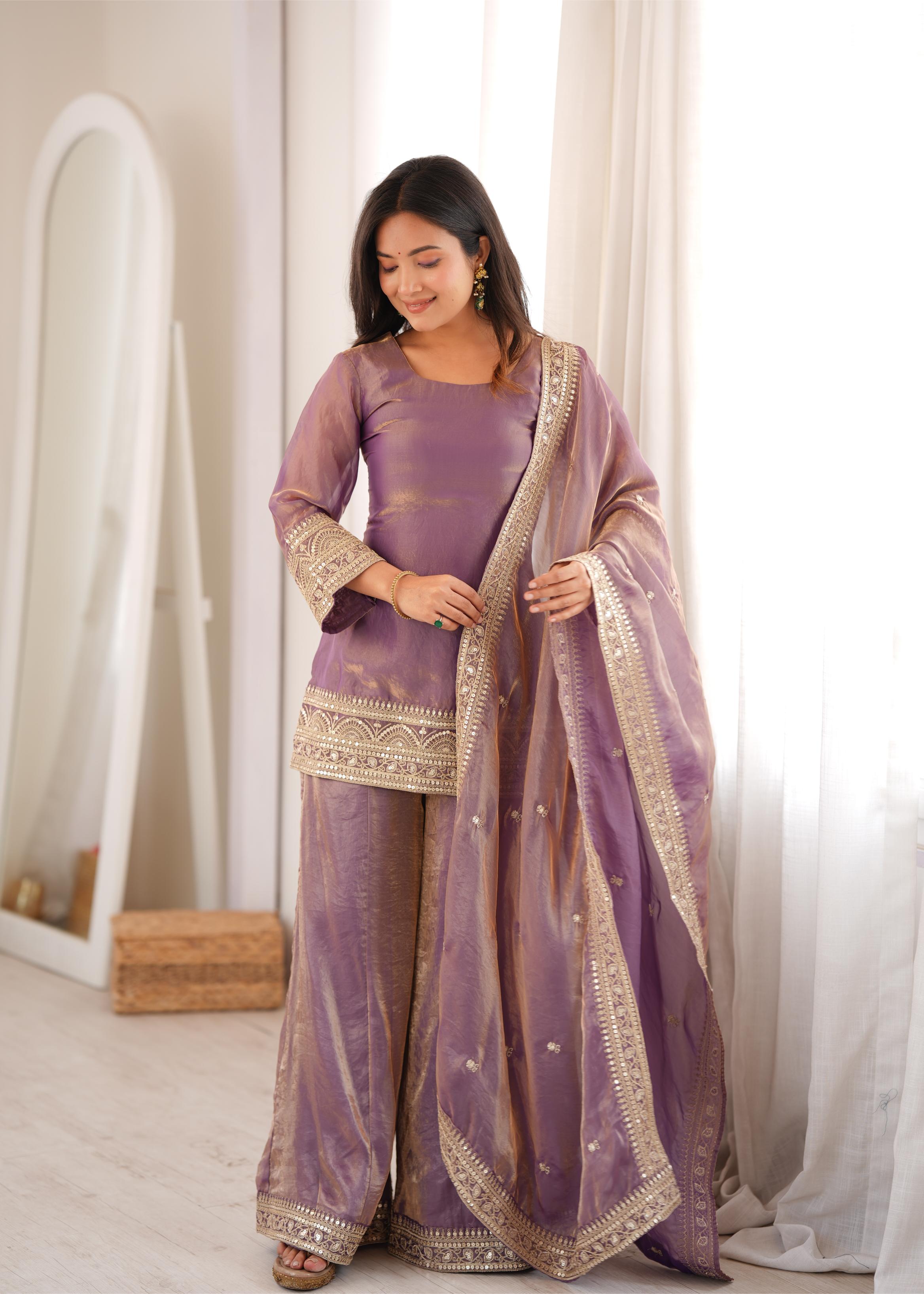 *NKB-84 DUSTYPINK*PRESENTING NEW FRENDY SILK FABRIC WITH EMBROIDERY SEQUENCE DORI AND JARI WORK,TOP WITH DUPPTA SET,PALAZZO PENT READY TO WEAR*