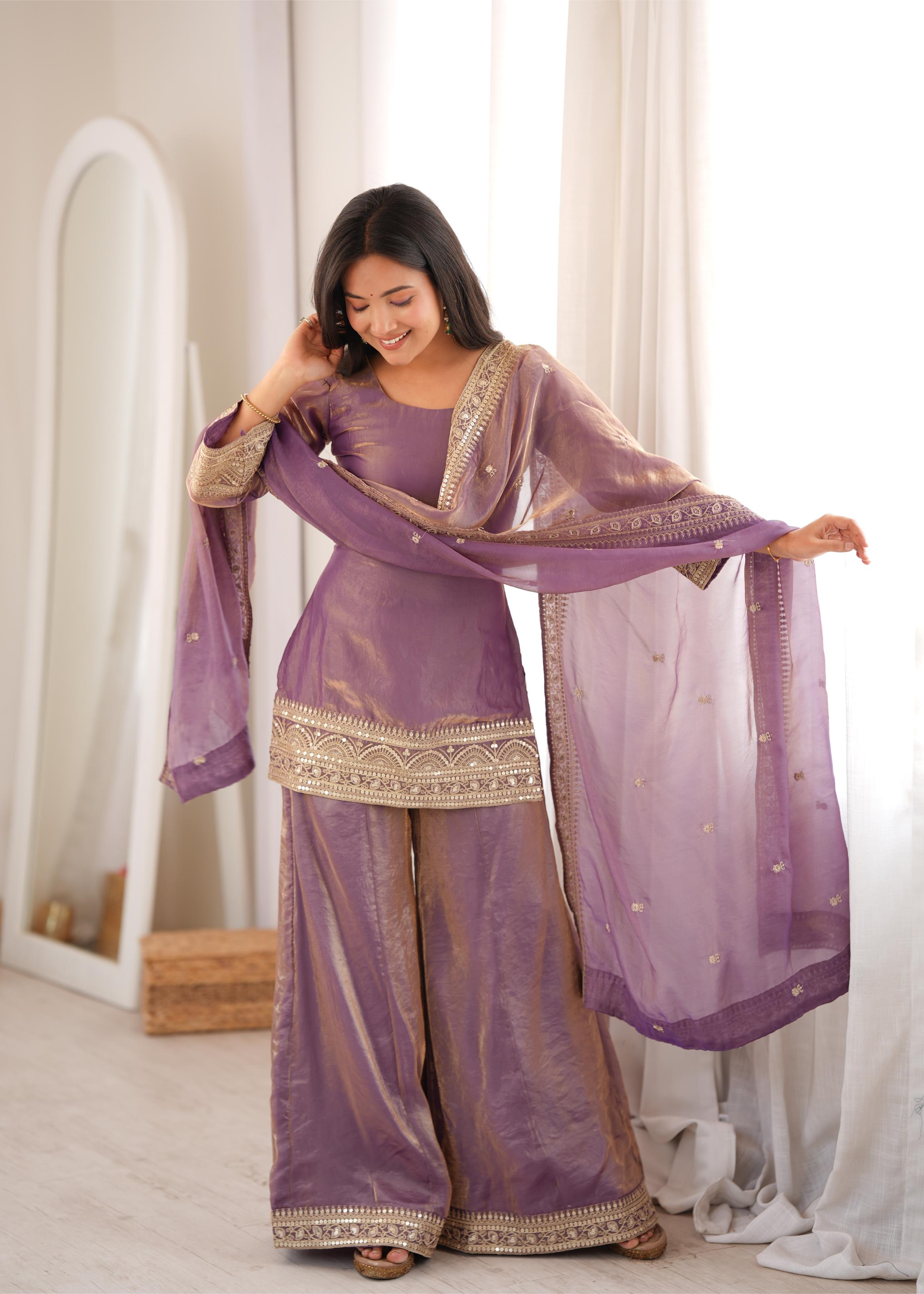 *NKB-84 DUSTYPINK*PRESENTING NEW FRENDY SILK FABRIC WITH EMBROIDERY SEQUENCE DORI AND JARI WORK,TOP WITH DUPPTA SET,PALAZZO PENT READY TO WEAR*