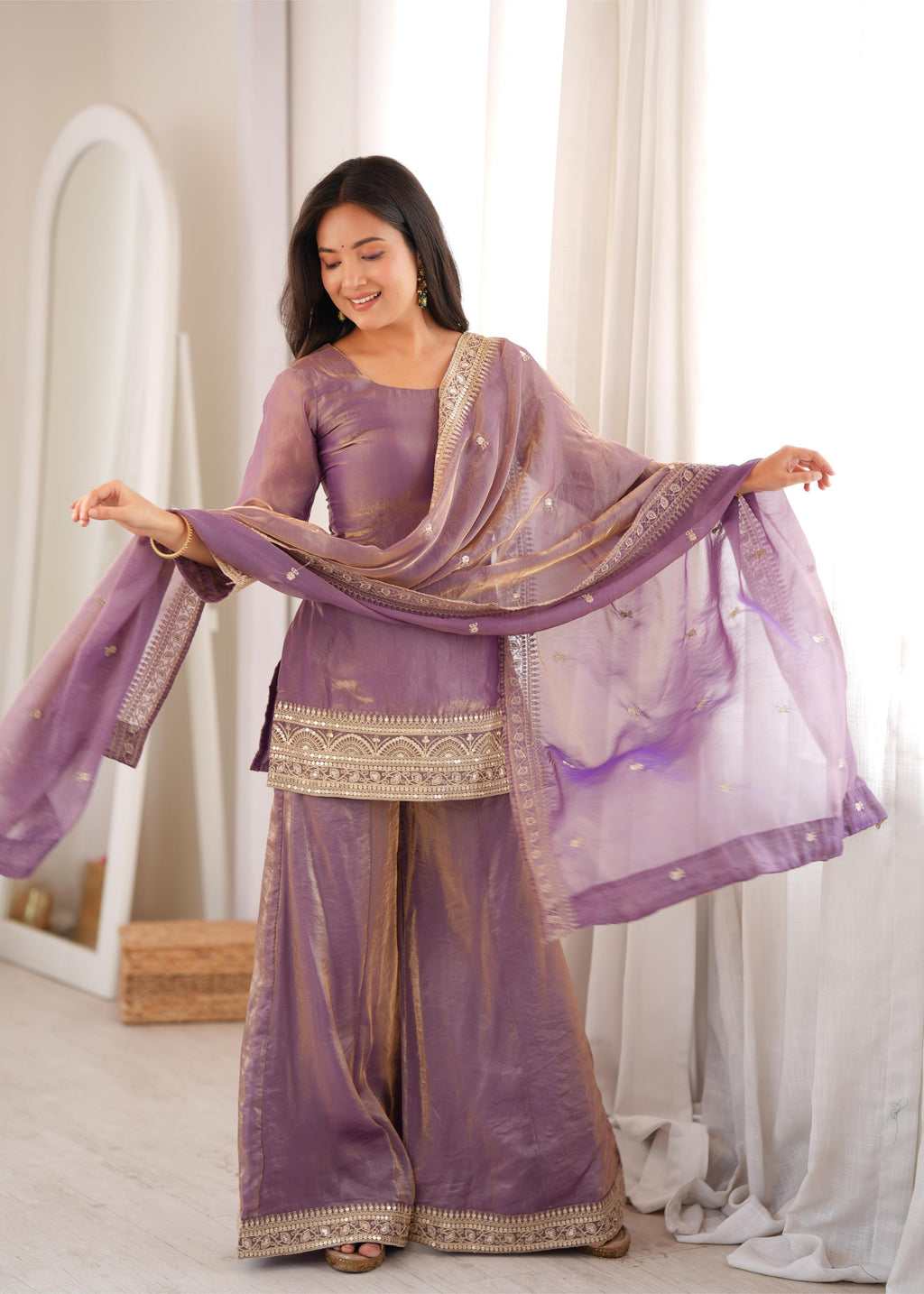 *NKB-84 DUSTYPINK*PRESENTING NEW FRENDY SILK FABRIC WITH EMBROIDERY SEQUENCE DORI AND JARI WORK,TOP WITH DUPPTA SET,PALAZZO PENT READY TO WEAR*