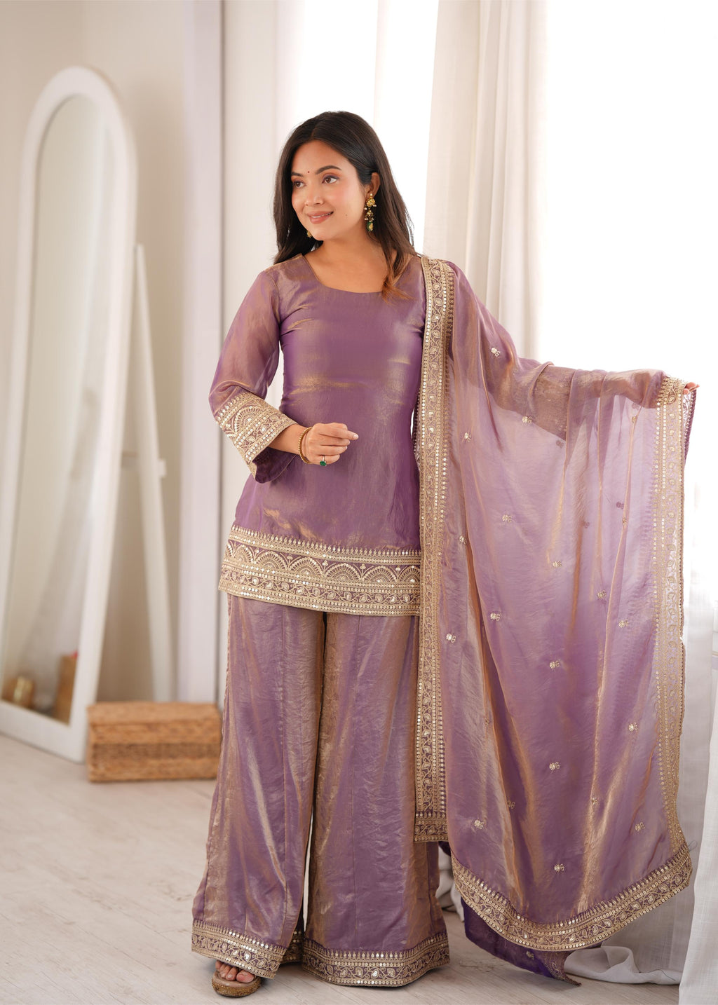 *NKB-84 DUSTYPINK*PRESENTING NEW FRENDY SILK FABRIC WITH EMBROIDERY SEQUENCE DORI AND JARI WORK,TOP WITH DUPPTA SET,PALAZZO PENT READY TO WEAR*