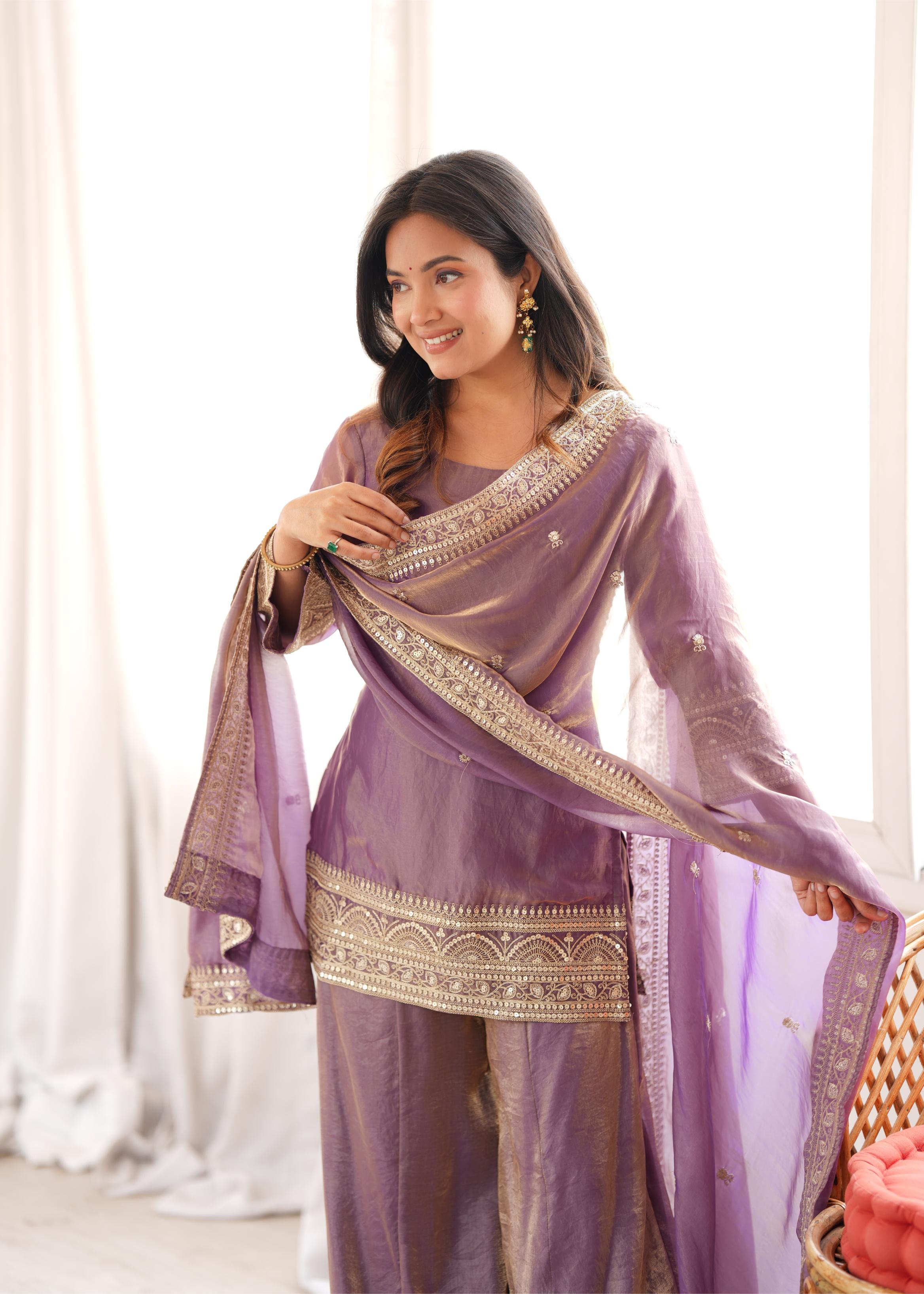 *NKB-84 DUSTYPINK*PRESENTING NEW FRENDY SILK FABRIC WITH EMBROIDERY SEQUENCE DORI AND JARI WORK,TOP WITH DUPPTA SET,PALAZZO PENT READY TO WEAR*