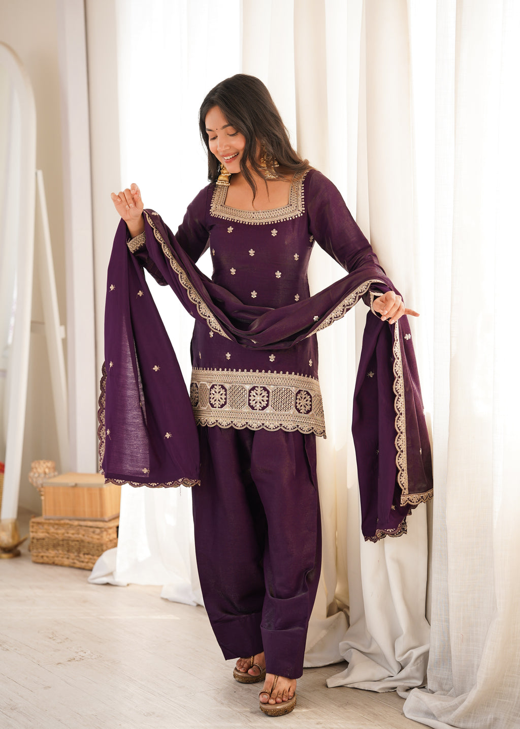 *NKB-81*PRESENTING NEW GLASS ROMAN SILK FABRIC WITH EMBROIDERY SEQUENCE DORI AND JARI WORK TOP,DUPPTA SET WITH FARSHI SHALWAR READY TO WEAR*