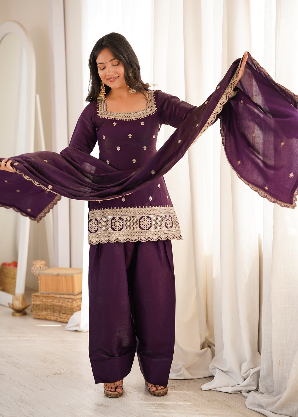 *NKB-81*PRESENTING NEW GLASS ROMAN SILK FABRIC WITH EMBROIDERY SEQUENCE DORI AND JARI WORK TOP,DUPPTA SET WITH FARSHI SHALWAR READY TO WEAR*