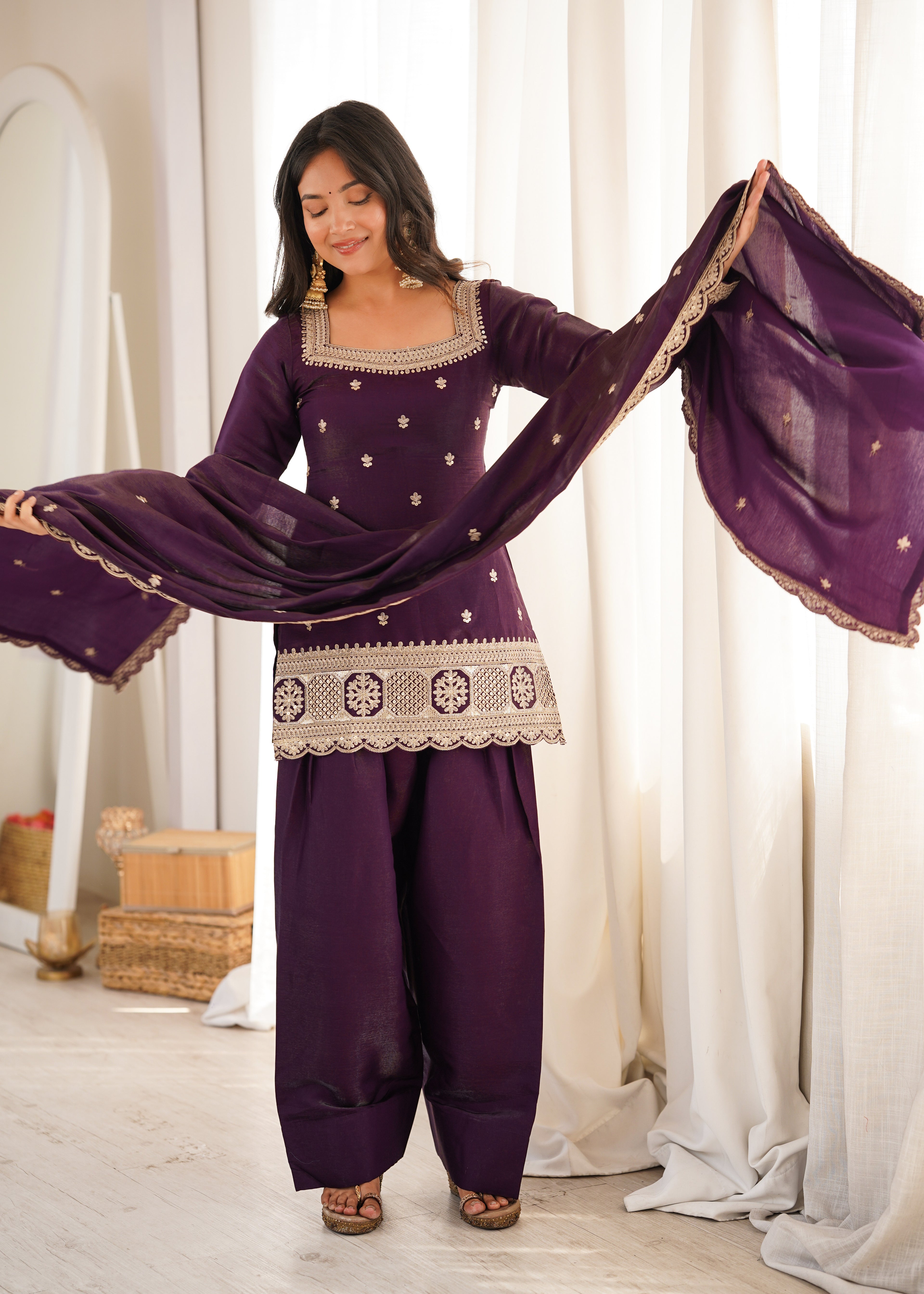 *NKB-81*PRESENTING NEW GLASS ROMAN SILK FABRIC WITH EMBROIDERY SEQUENCE DORI AND JARI WORK TOP,DUPPTA SET WITH FARSHI SHALWAR READY TO WEAR*