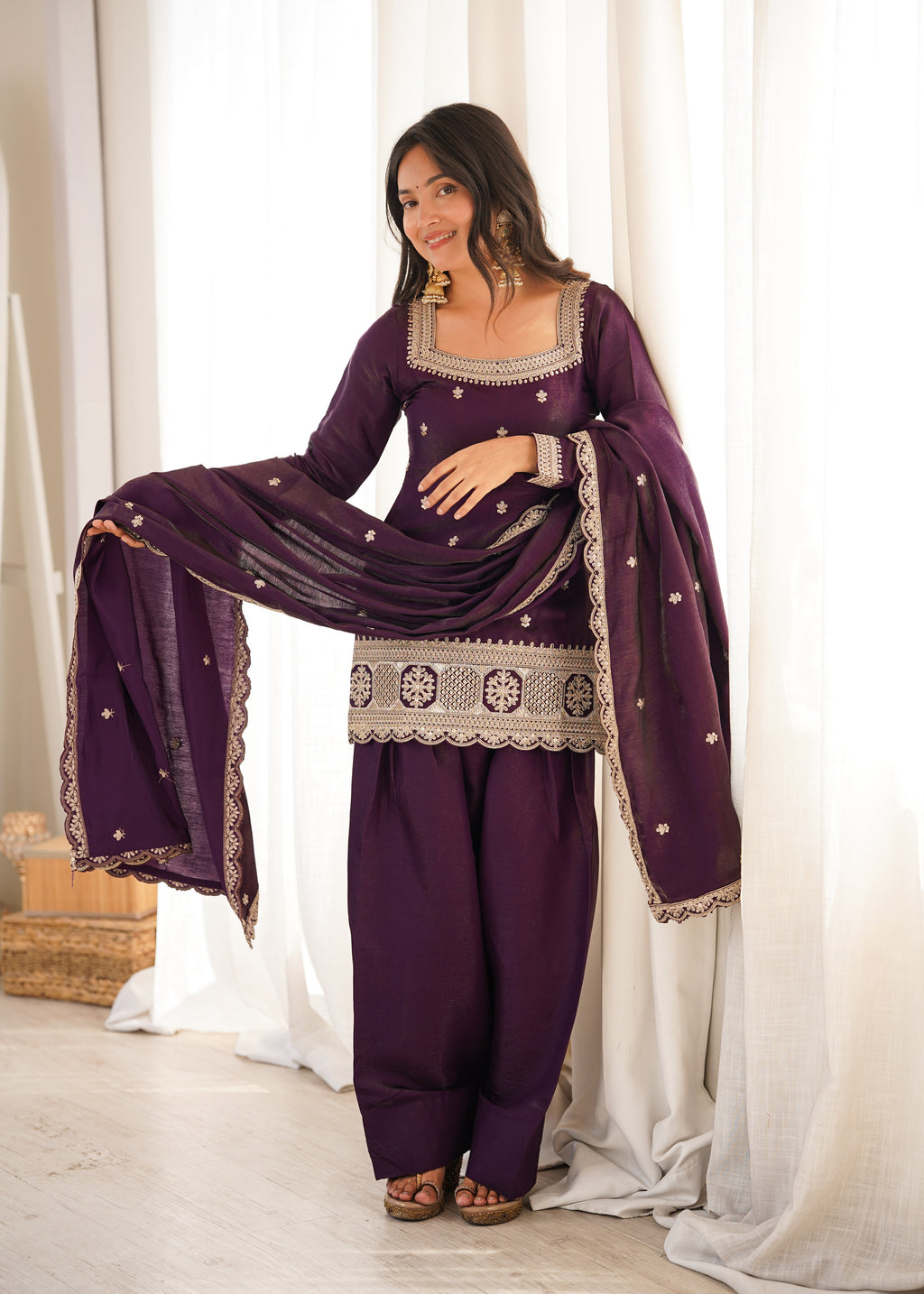 *NKB-81*PRESENTING NEW GLASS ROMAN SILK FABRIC WITH EMBROIDERY SEQUENCE DORI AND JARI WORK TOP,DUPPTA SET WITH FARSHI SHALWAR READY TO WEAR*