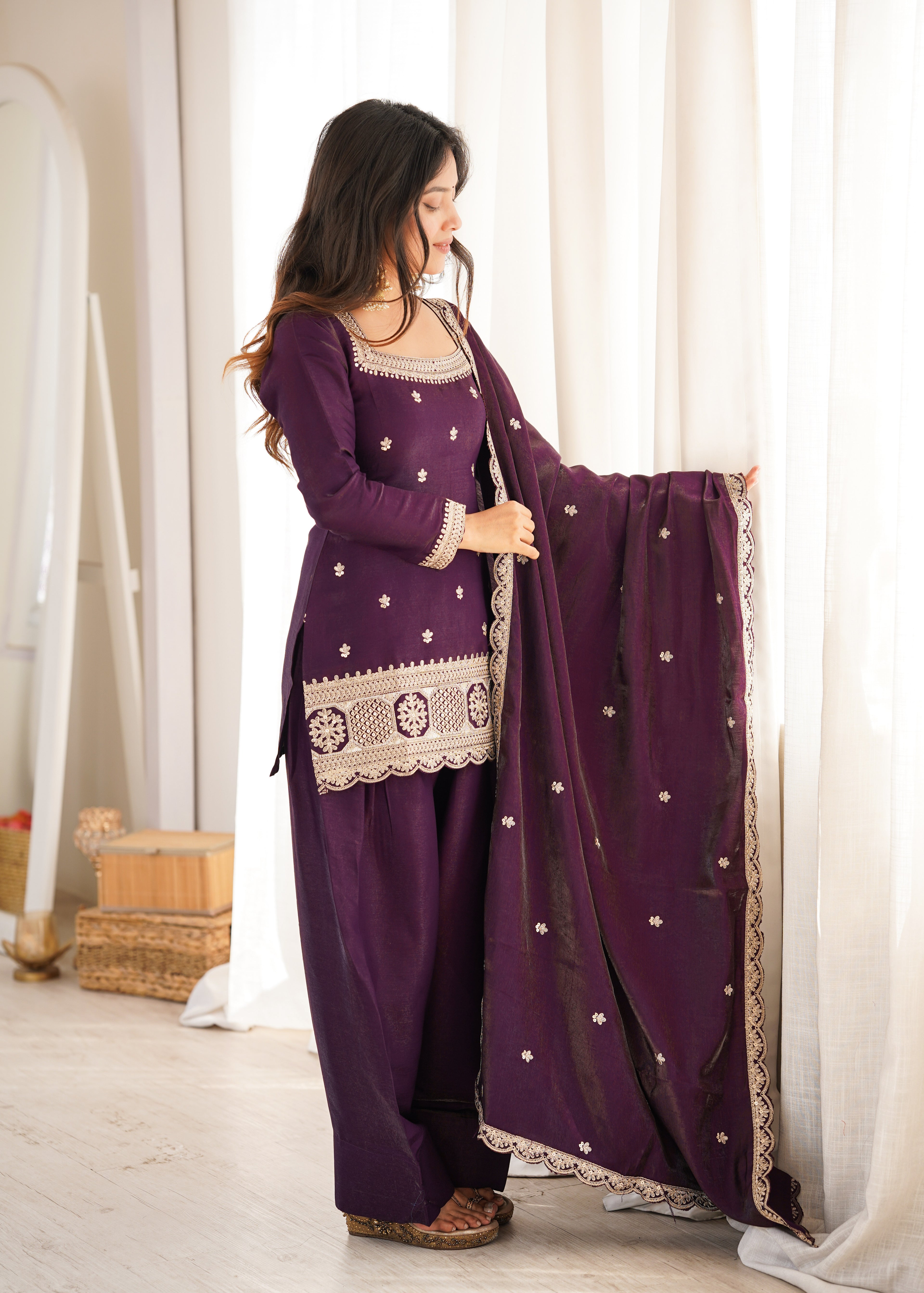 *NKB-81*PRESENTING NEW GLASS ROMAN SILK FABRIC WITH EMBROIDERY SEQUENCE DORI AND JARI WORK TOP,DUPPTA SET WITH FARSHI SHALWAR READY TO WEAR*