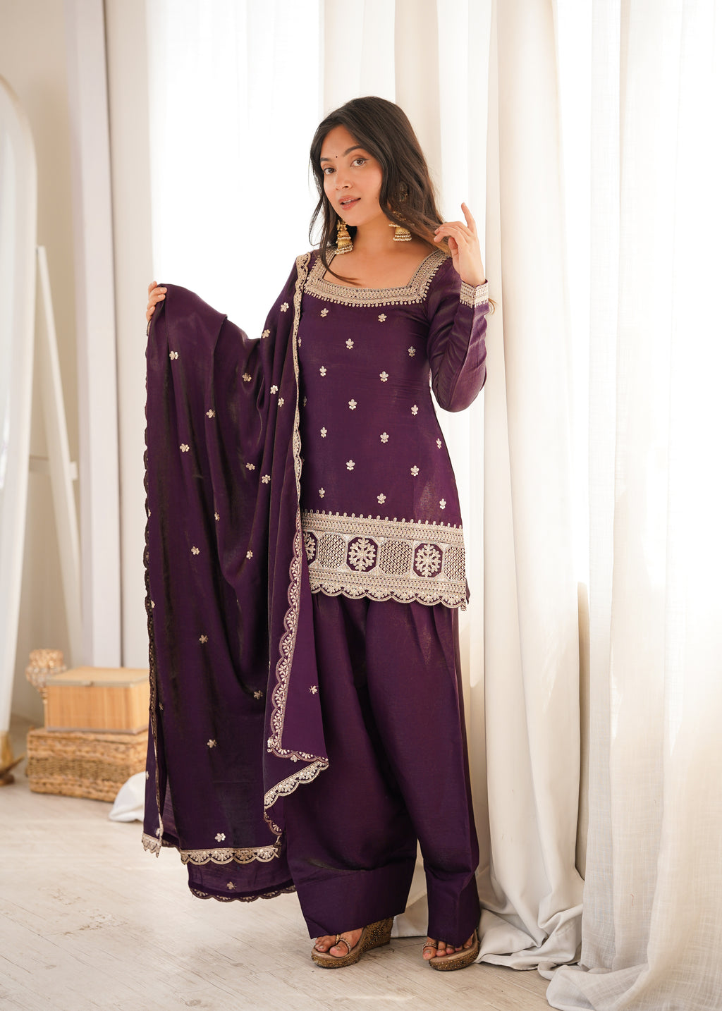 *NKB-81*PRESENTING NEW GLASS ROMAN SILK FABRIC WITH EMBROIDERY SEQUENCE DORI AND JARI WORK TOP,DUPPTA SET WITH FARSHI SHALWAR READY TO WEAR*