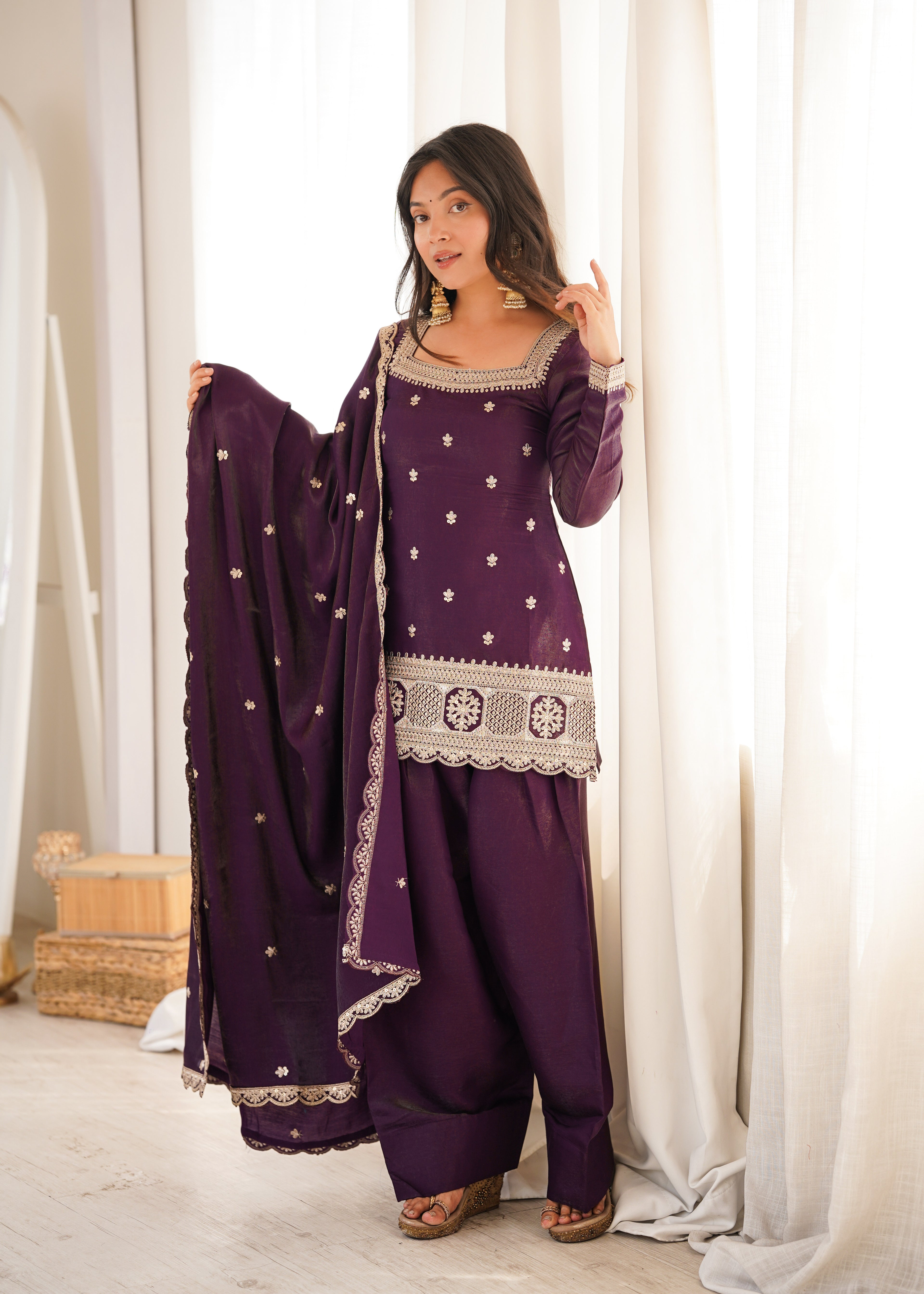 *NKB-81*PRESENTING NEW GLASS ROMAN SILK FABRIC WITH EMBROIDERY SEQUENCE DORI AND JARI WORK TOP,DUPPTA SET WITH FARSHI SHALWAR READY TO WEAR*