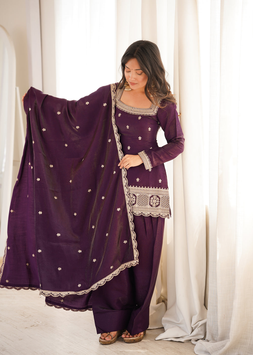 *NKB-81*PRESENTING NEW GLASS ROMAN SILK FABRIC WITH EMBROIDERY SEQUENCE DORI AND JARI WORK TOP,DUPPTA SET WITH FARSHI SHALWAR READY TO WEAR*