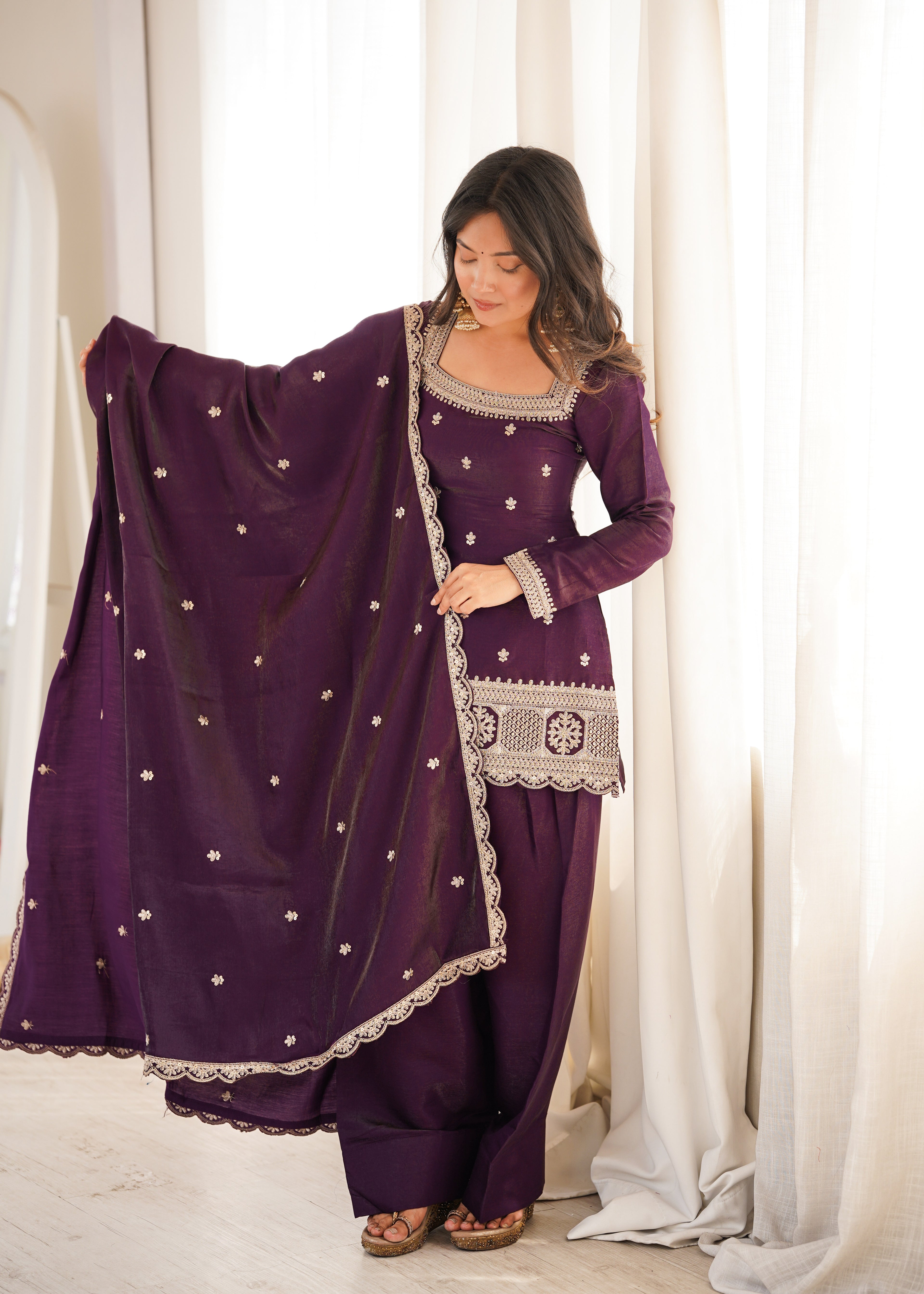 *NKB-81*PRESENTING NEW GLASS ROMAN SILK FABRIC WITH EMBROIDERY SEQUENCE DORI AND JARI WORK TOP,DUPPTA SET WITH FARSHI SHALWAR READY TO WEAR*