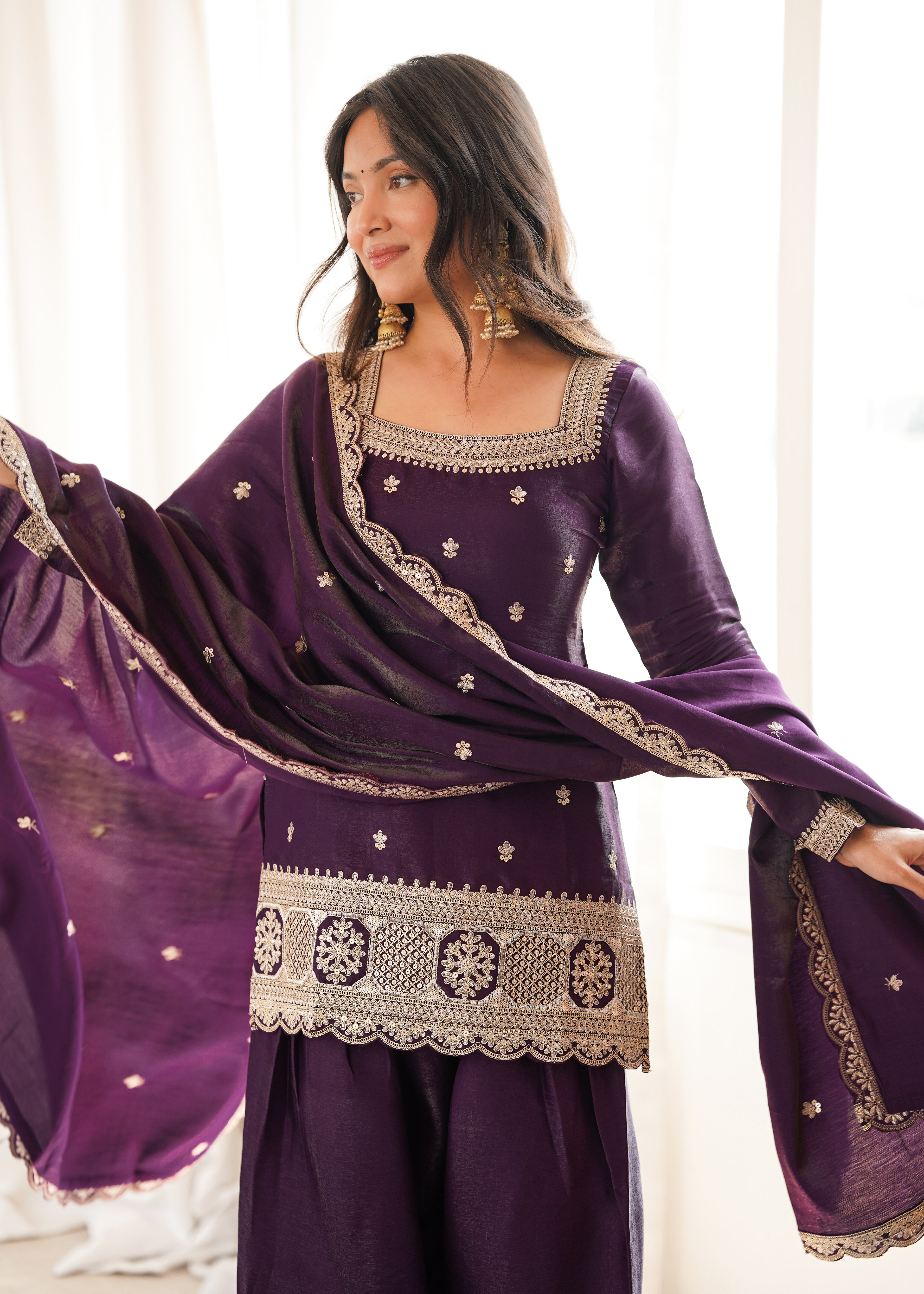 *NKB-81*PRESENTING NEW GLASS ROMAN SILK FABRIC WITH EMBROIDERY SEQUENCE DORI AND JARI WORK TOP,DUPPTA SET WITH FARSHI SHALWAR READY TO WEAR*