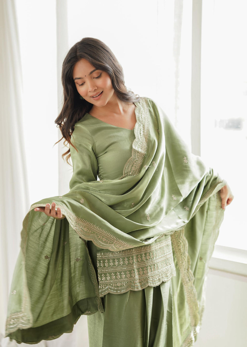 *KB-304 DUSTYPINK,PISTA**PRESENTING NEW GLASS ROMAN SILK FABRIC WITH EMBROIDERY SEQUENCE DORI AND JARI WORK TOP,DUPPTA SET WITH FARSHI SHALWAR READY TO WEAR*