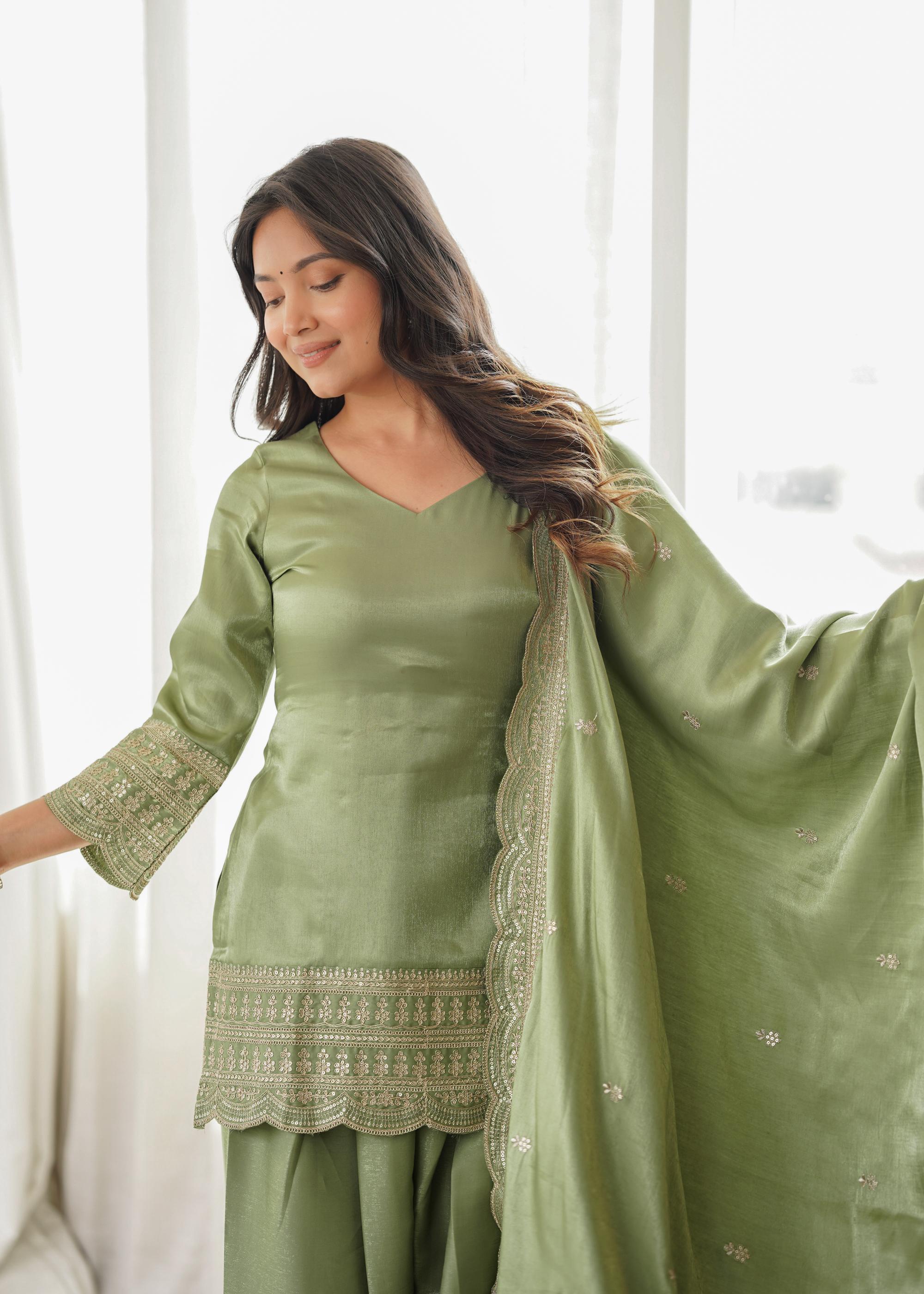 *KB-304 DUSTYPINK,PISTA**PRESENTING NEW GLASS ROMAN SILK FABRIC WITH EMBROIDERY SEQUENCE DORI AND JARI WORK TOP,DUPPTA SET WITH FARSHI SHALWAR READY TO WEAR*