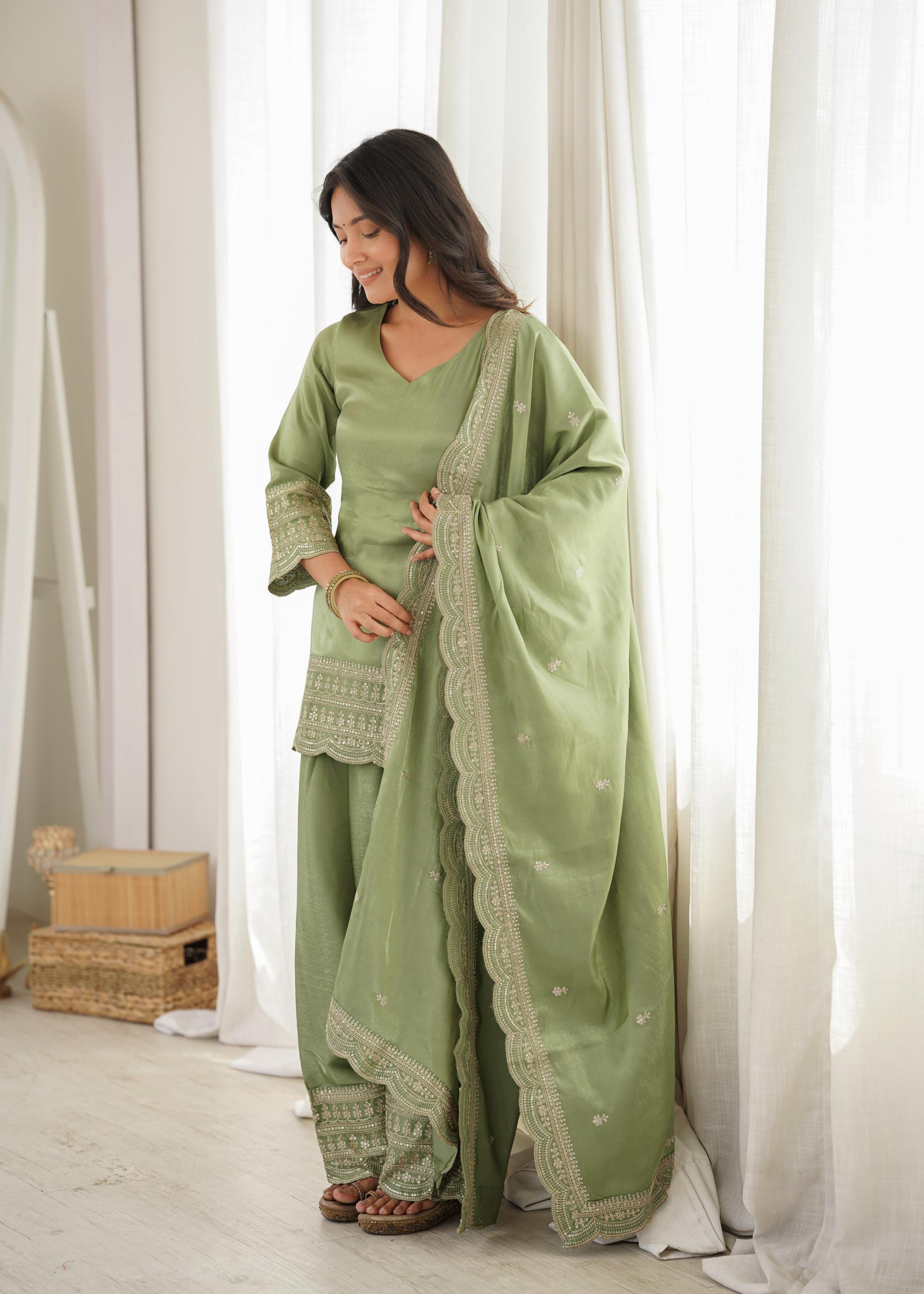 *KB-304 DUSTYPINK,PISTA**PRESENTING NEW GLASS ROMAN SILK FABRIC WITH EMBROIDERY SEQUENCE DORI AND JARI WORK TOP,DUPPTA SET WITH FARSHI SHALWAR READY TO WEAR*