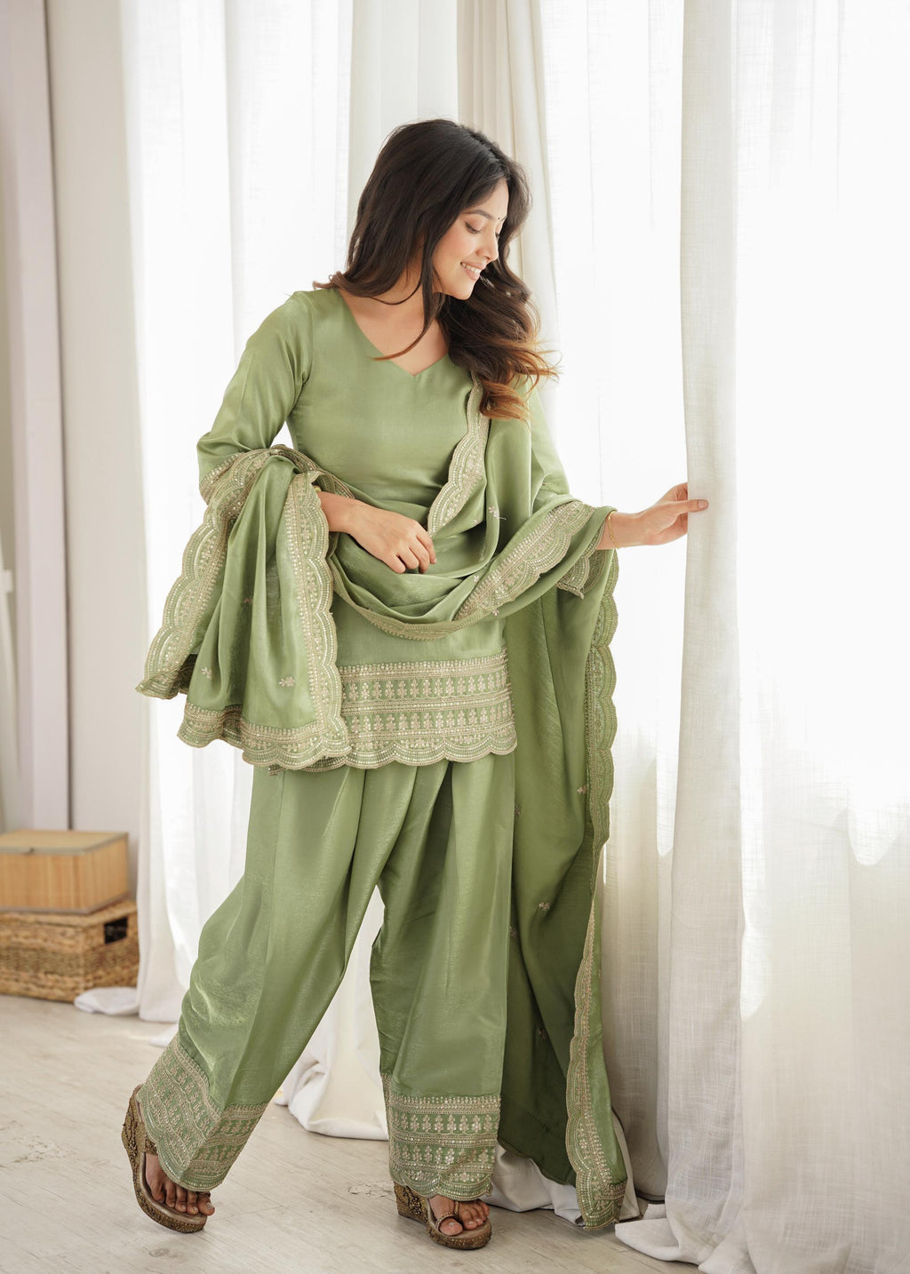 *KB-304 DUSTYPINK,PISTA**PRESENTING NEW GLASS ROMAN SILK FABRIC WITH EMBROIDERY SEQUENCE DORI AND JARI WORK TOP,DUPPTA SET WITH FARSHI SHALWAR READY TO WEAR*