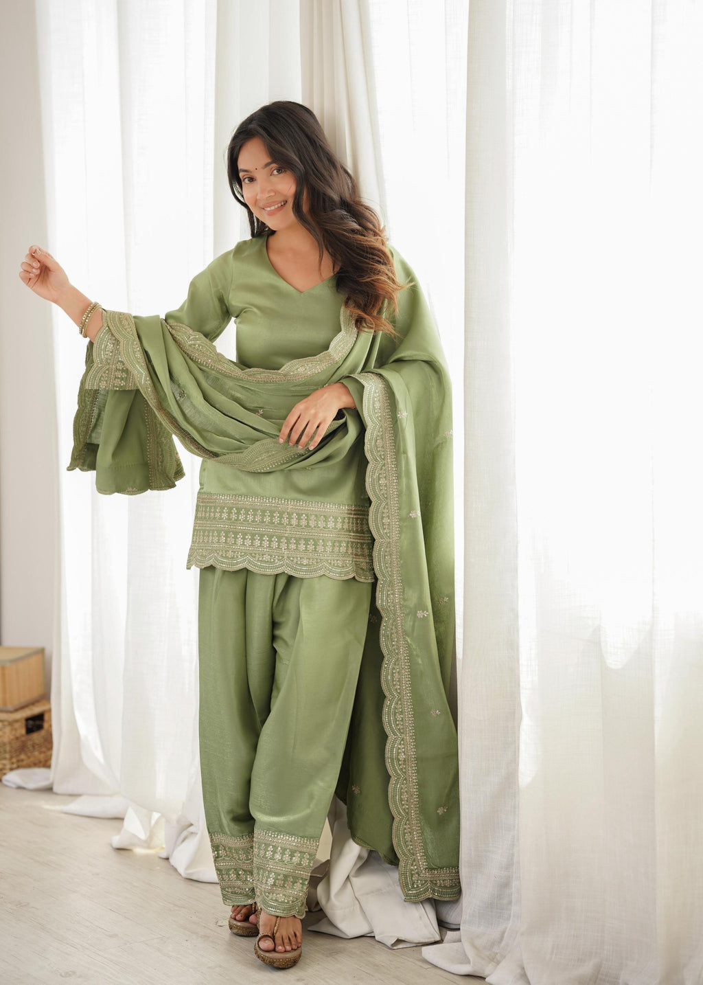 *KB-304 DUSTYPINK,PISTA**PRESENTING NEW GLASS ROMAN SILK FABRIC WITH EMBROIDERY SEQUENCE DORI AND JARI WORK TOP,DUPPTA SET WITH FARSHI SHALWAR READY TO WEAR*