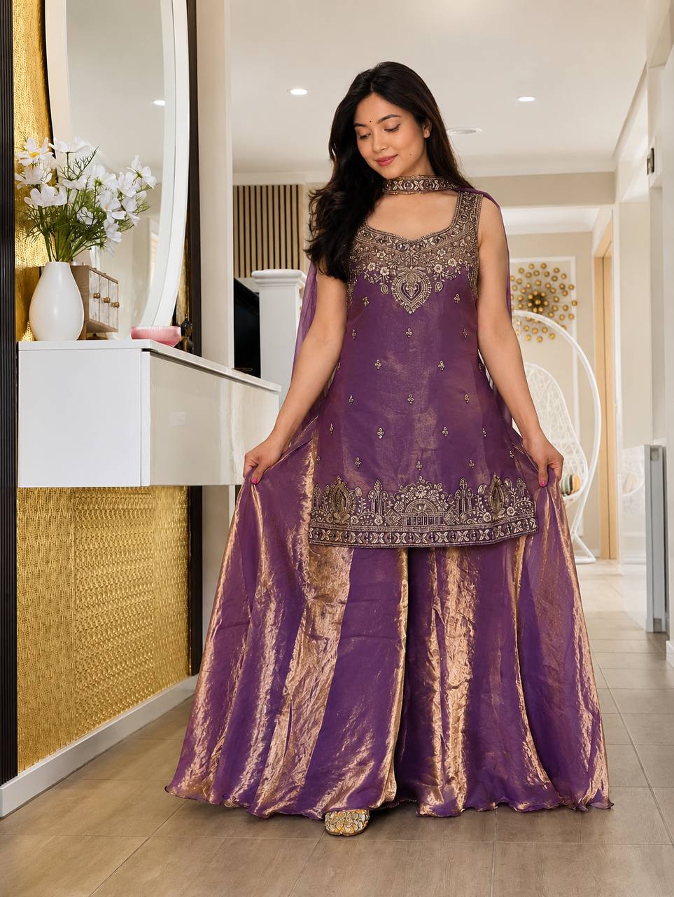 *(MF-489)*💥 *Presenting New Premium Quality With Embroidery Sequence Worked Top-Plazzo And Dupatta Set Fully Stitched Ready To Wear 🔥😍🥰*