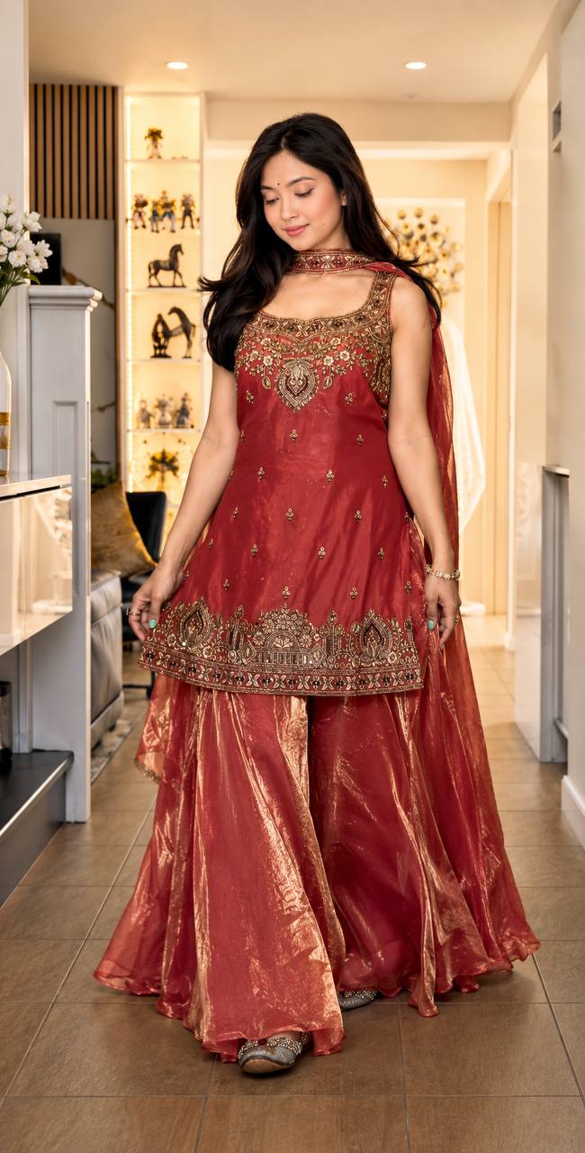 *(MF-489)*💥 *Presenting New Premium Quality With Embroidery Sequence Worked Top-Plazzo And Dupatta Set Fully Stitched Ready To Wear 🔥😍🥰*