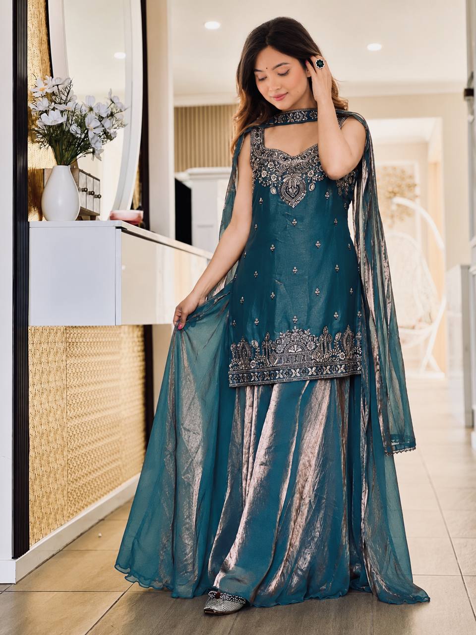 *(MF-489)*💥 *Presenting New Premium Quality With Embroidery Sequence Worked Top-Plazzo And Dupatta Set Fully Stitched Ready To Wear 🔥😍🥰*