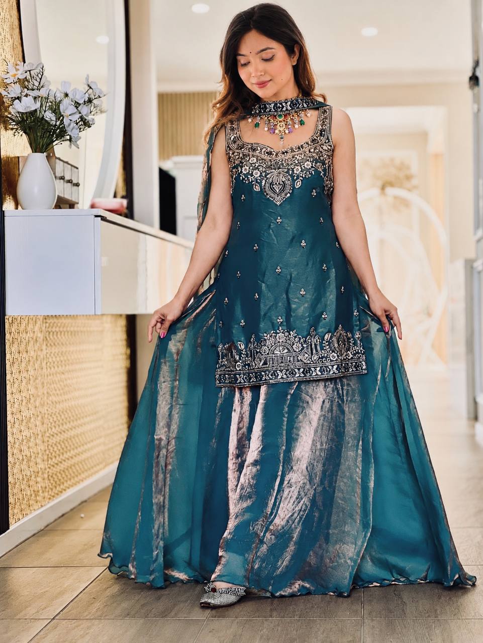 *(MF-489)*💥 *Presenting New Premium Quality With Embroidery Sequence Worked Top-Plazzo And Dupatta Set Fully Stitched Ready To Wear 🔥😍🥰*