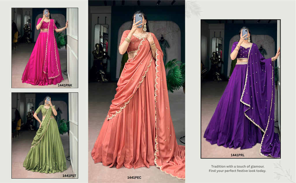 *LNB1441 : MEHERVA*🪷Glimmer Royale Lehenga🪷  A look that speaks grace, sophistication, and festive charm — because every celebration deserves an outfit as beautiful as your memories ☘️