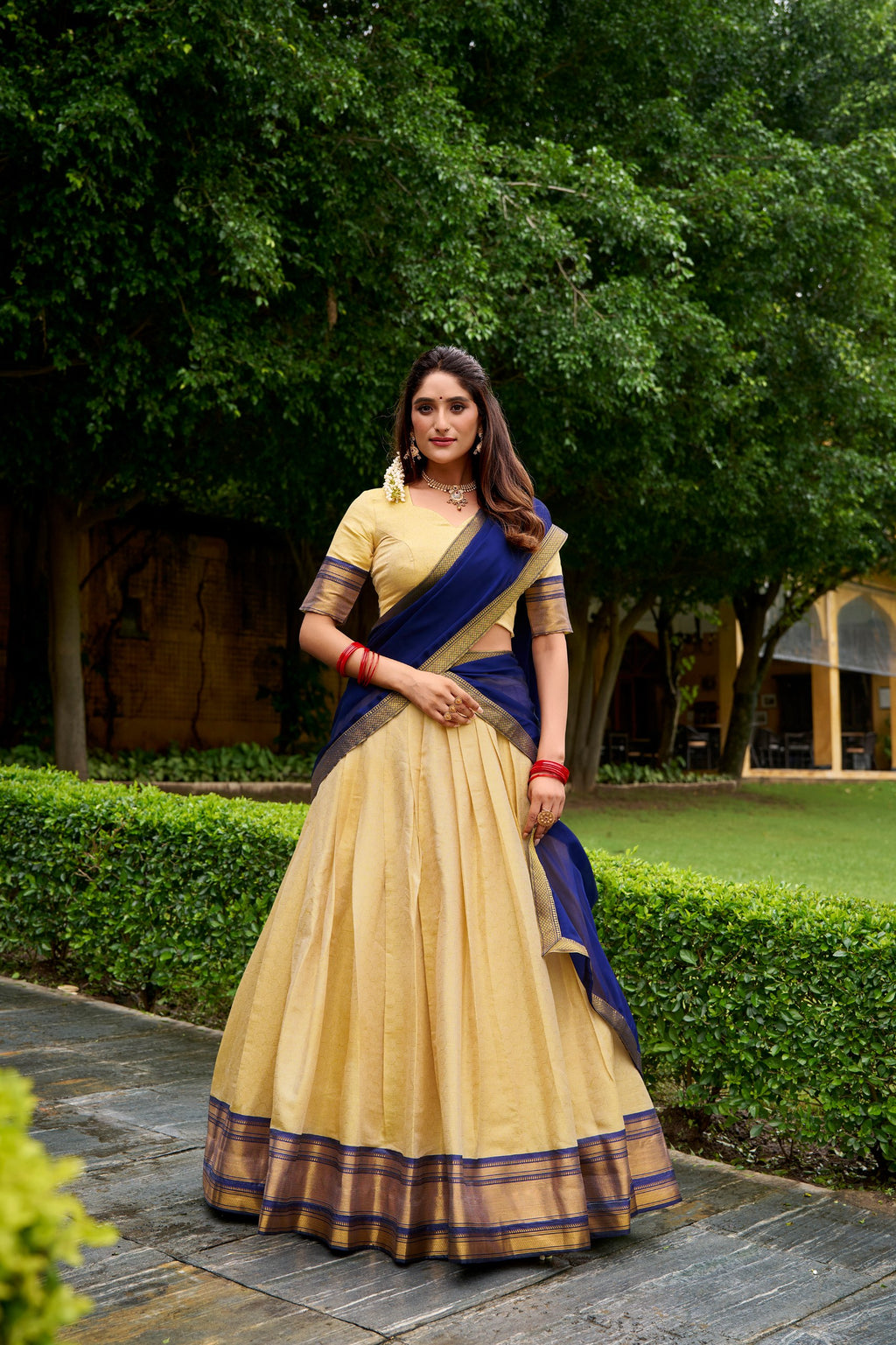 *LNB2019 : PREETHI*Lehenga Collection The golden charm of zari, the grace of Kanchipuram — a half saree that celebrates timeless tradition