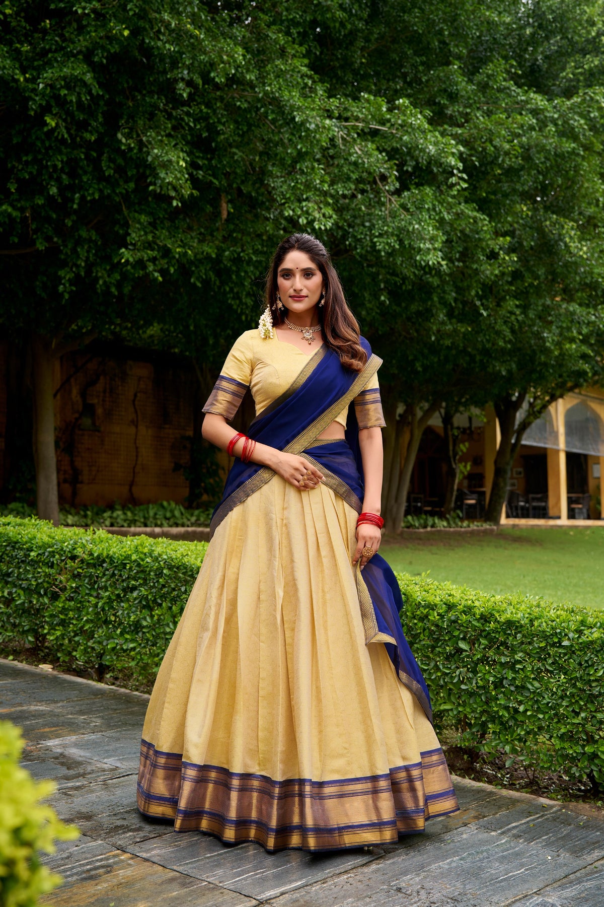 *LNB2019 : PREETHI*Lehenga Collection The golden charm of zari, the grace of Kanchipuram — a half saree that celebrates timeless tradition
