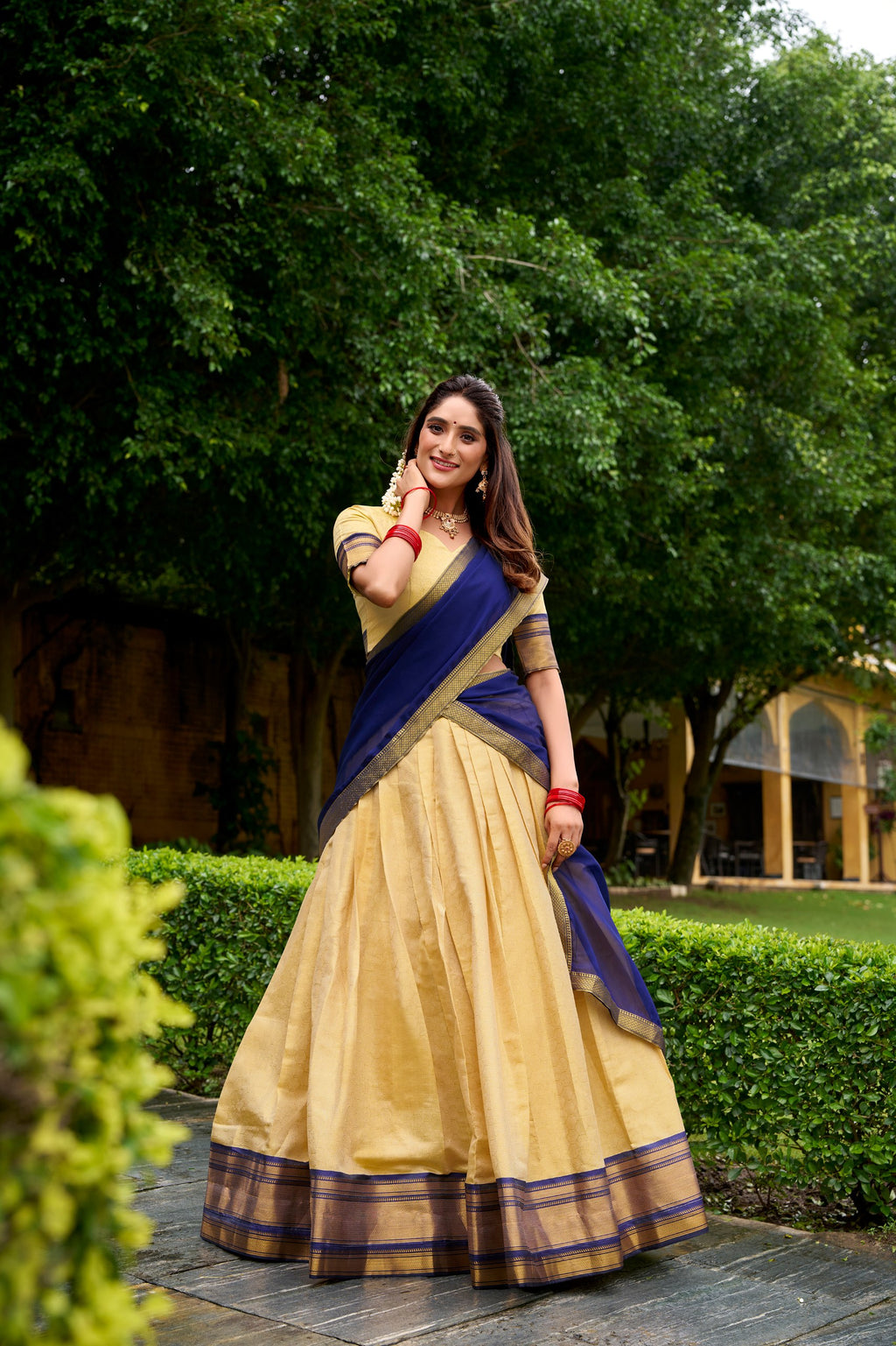 *LNB2019 : PREETHI*Lehenga Collection The golden charm of zari, the grace of Kanchipuram — a half saree that celebrates timeless tradition