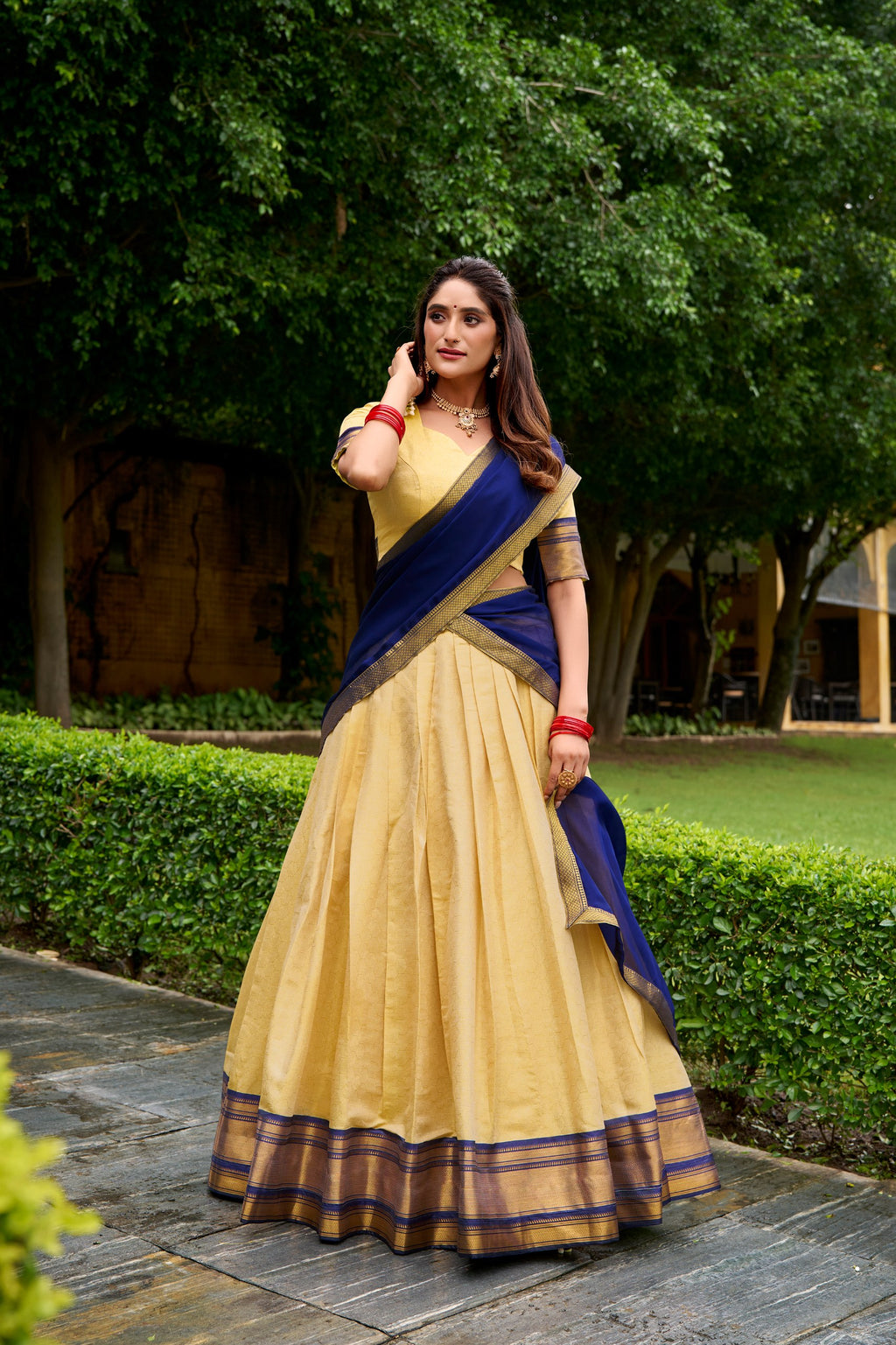 *LNB2019 : PREETHI*Lehenga Collection The golden charm of zari, the grace of Kanchipuram — a half saree that celebrates timeless tradition