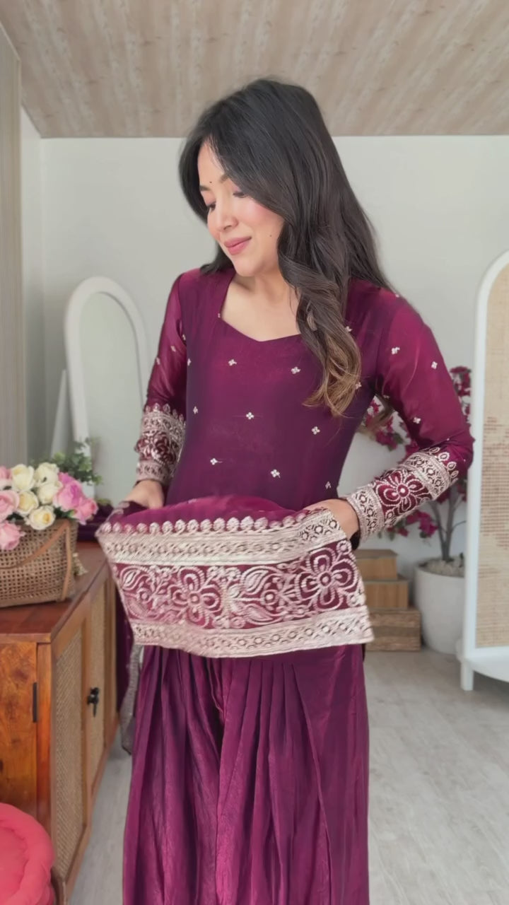 *KB-310 WINE**PRESENTING NEW FENDY SILK FABRIC WITH EMBROIDERY SEQUENCE AND JARI WORK TOP,DUPATTA SET WITH FARSHI SHALWAR READY TO WEAR*