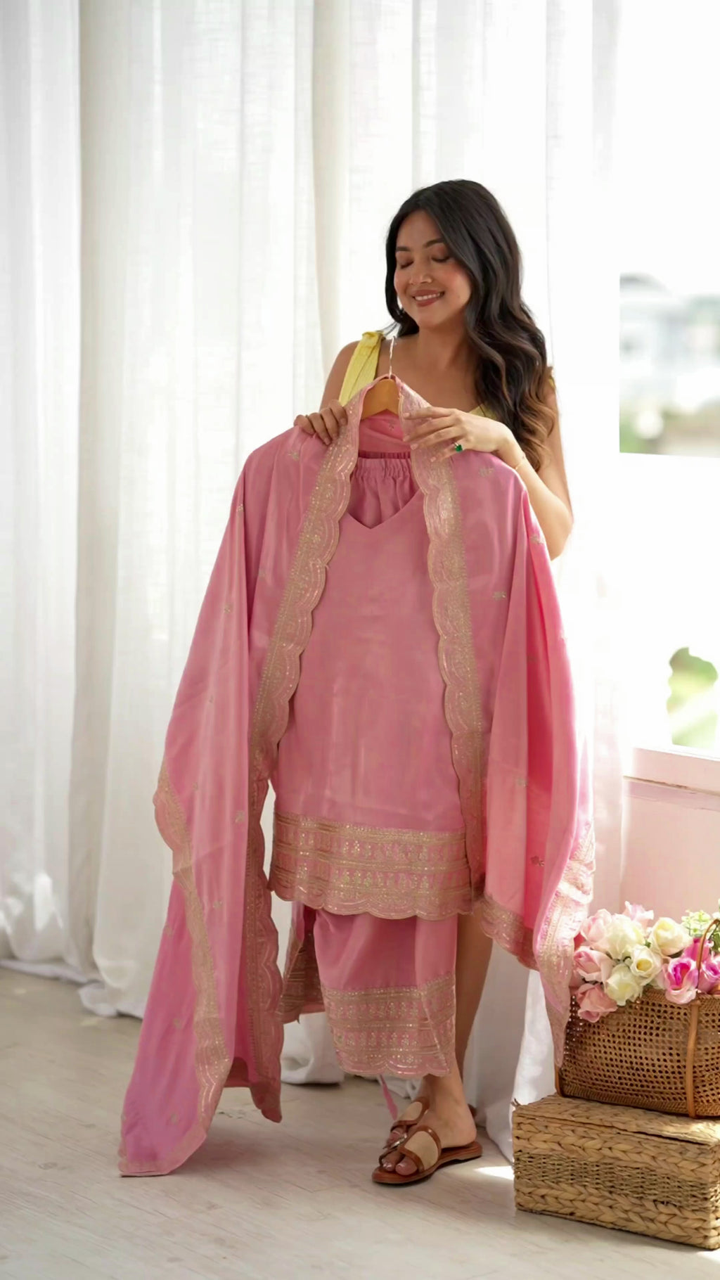 *KB-304 DUSTYPINK,PISTA**PRESENTING NEW GLASS ROMAN SILK FABRIC WITH EMBROIDERY SEQUENCE DORI AND JARI WORK TOP,DUPPTA SET WITH FARSHI SHALWAR READY TO WEAR*